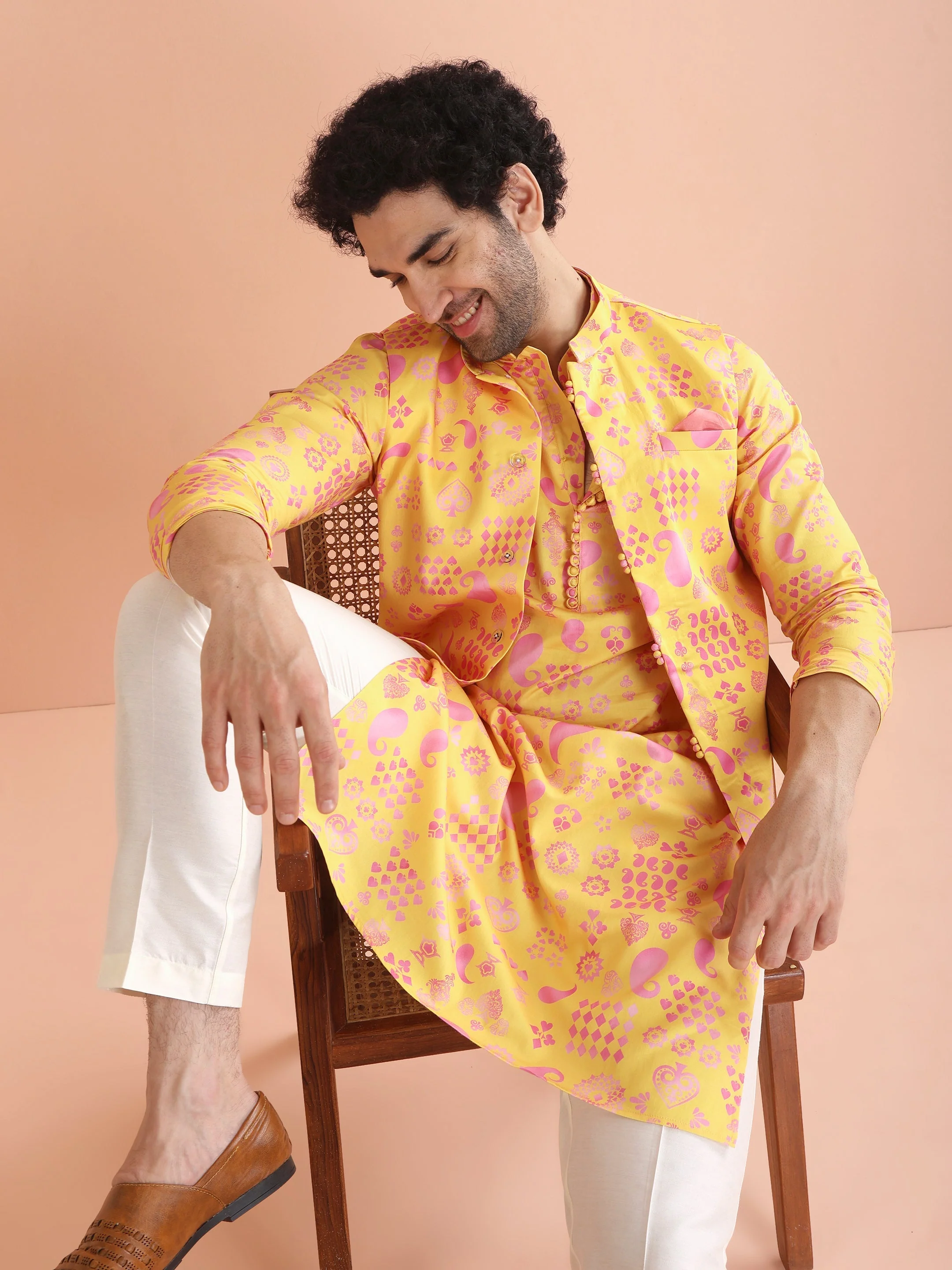 Yellow Cotton Silk Printed Nehru Jacket Kurta Trouser - Image 24