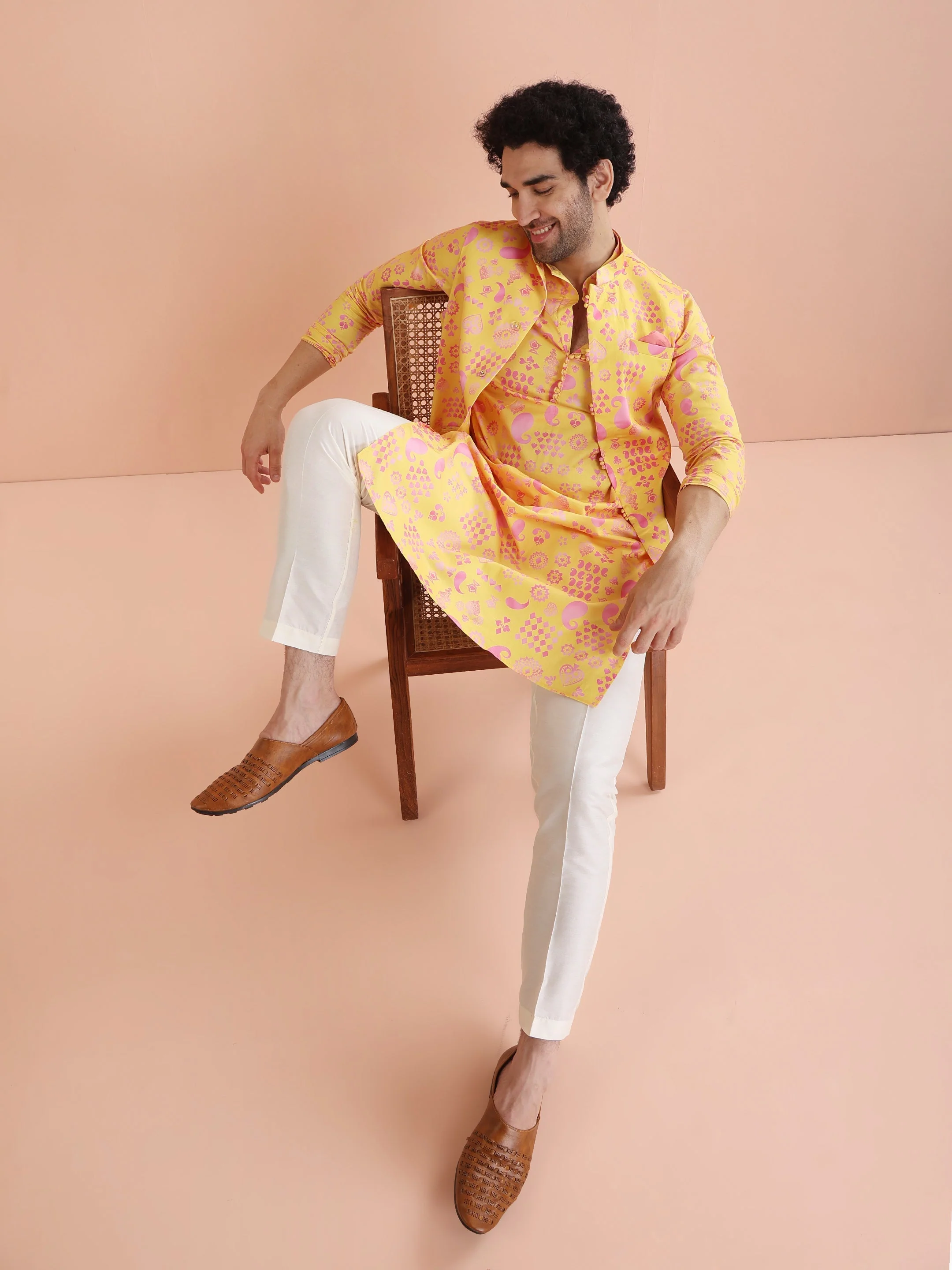 Yellow Cotton Silk Printed Nehru Jacket Kurta Trouser - Image 25