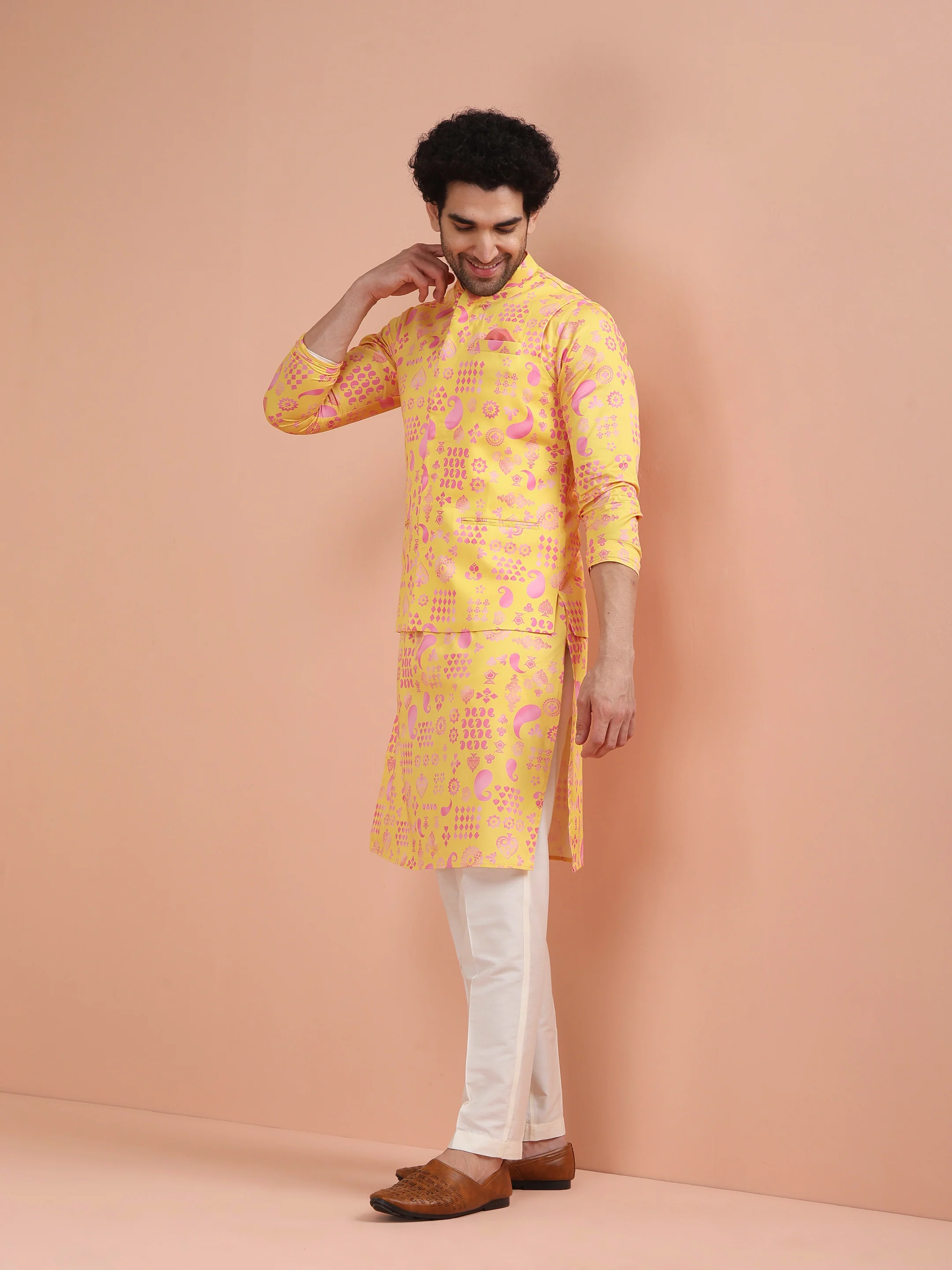 Yellow Cotton Silk Printed Nehru Jacket Kurta Trouser - Image 4