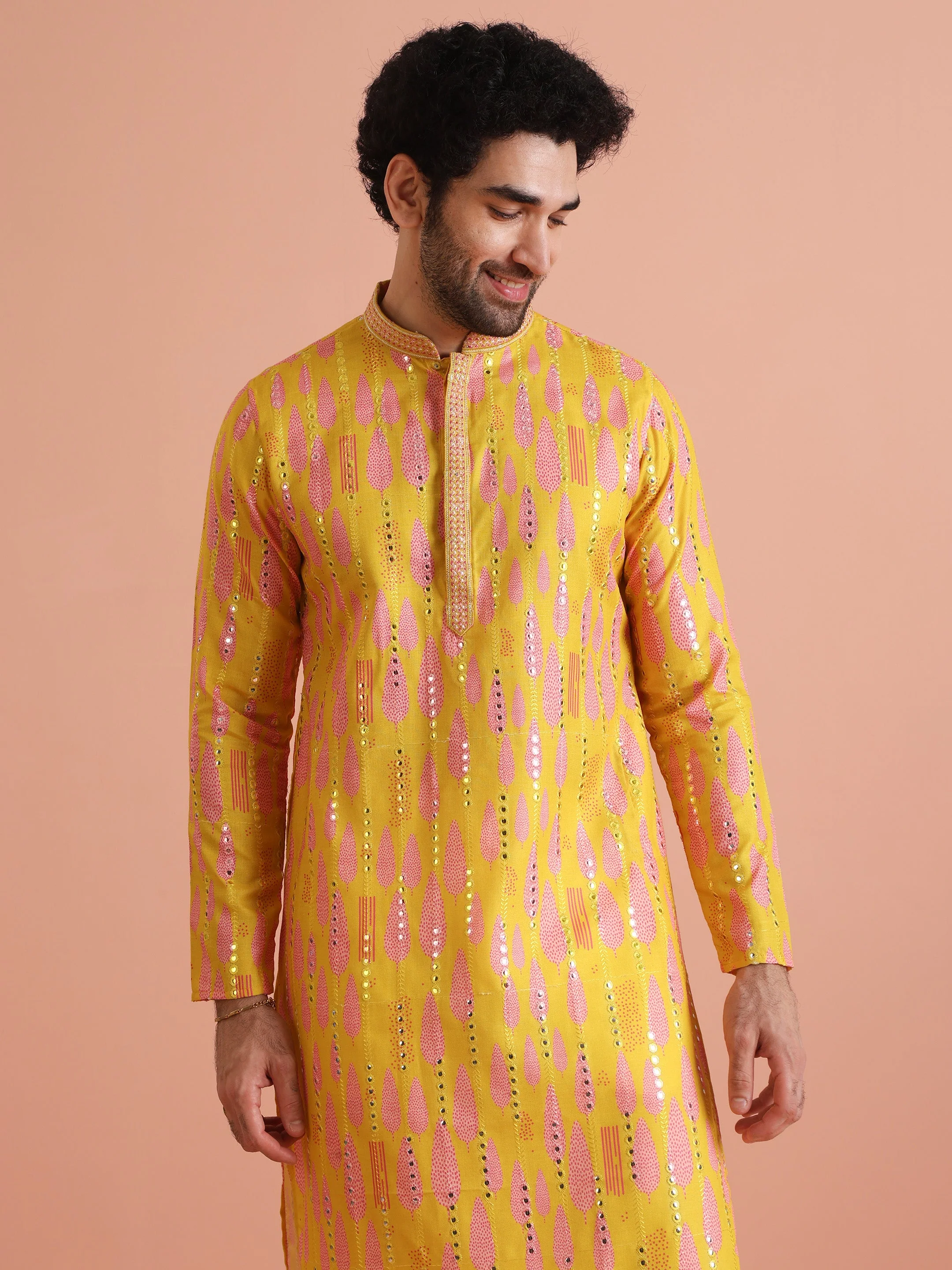 Yellow Printed Mirror Work Kurta - Image 8
