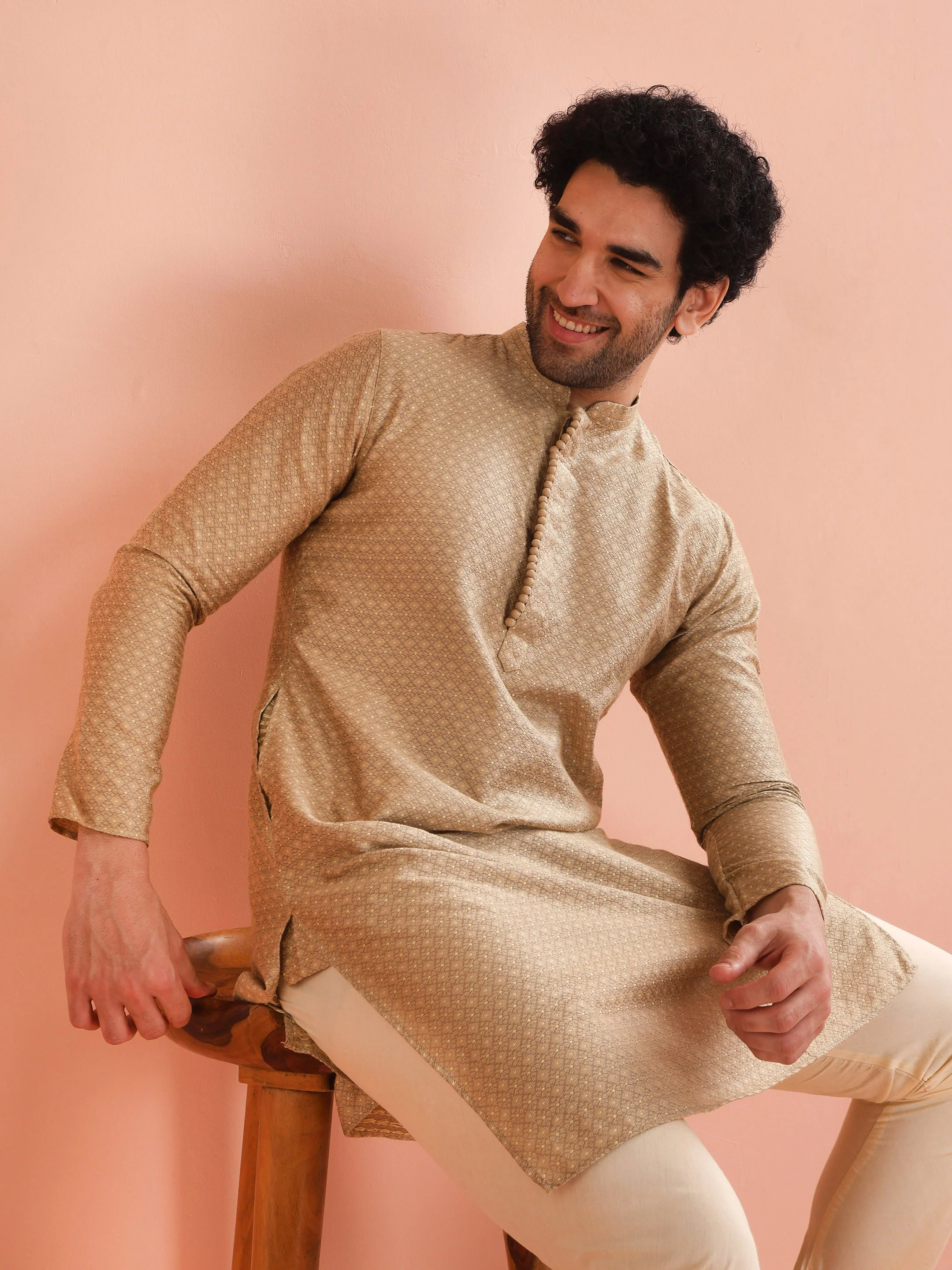 Beige Silk Blend Textured Long Kurta