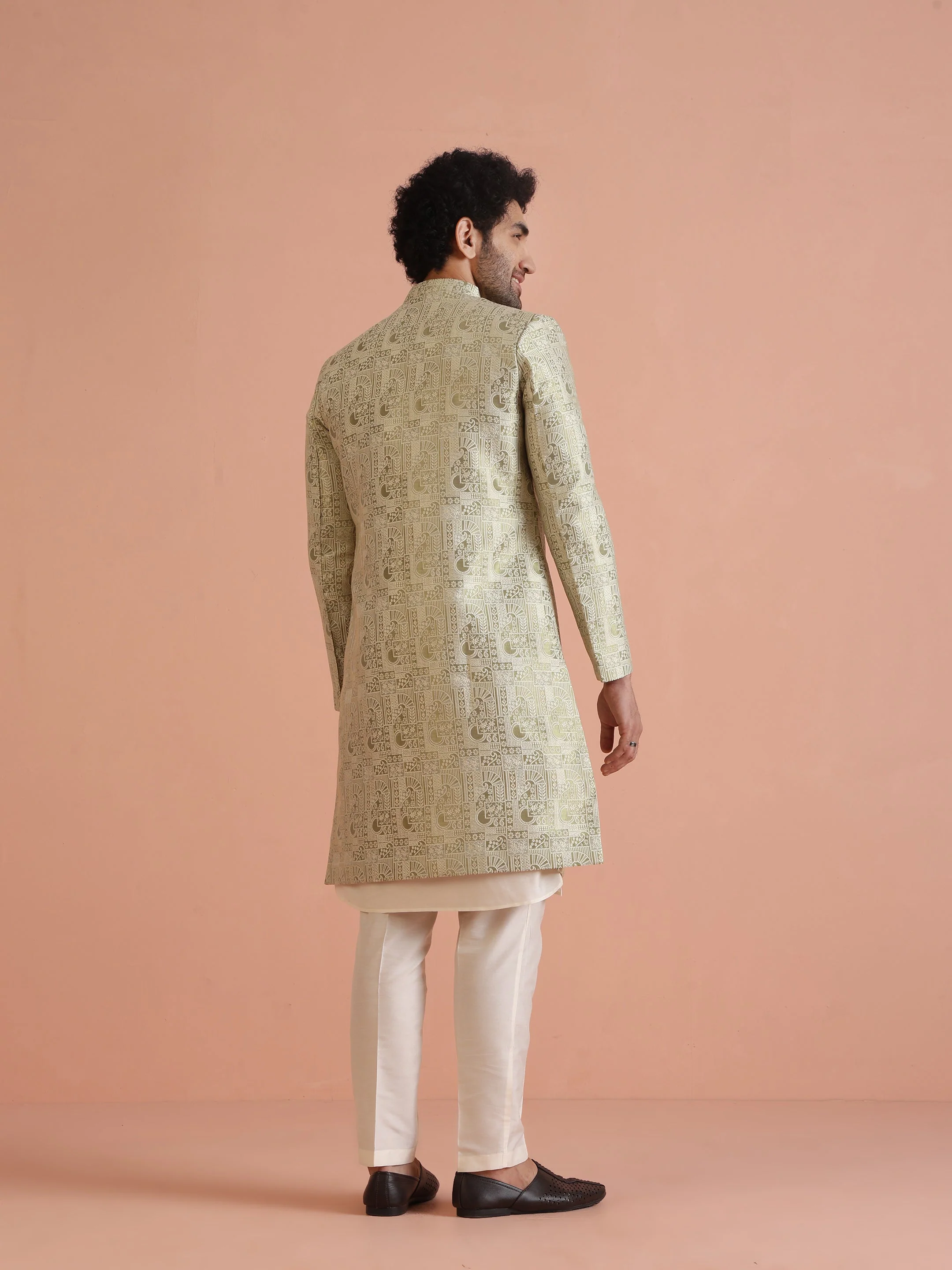 Cream Silk Blend Kurta Sherwani Set with Jacquard Indo-Western Jacket and Trousers – Festive & Wedding Ensemble - Image 9