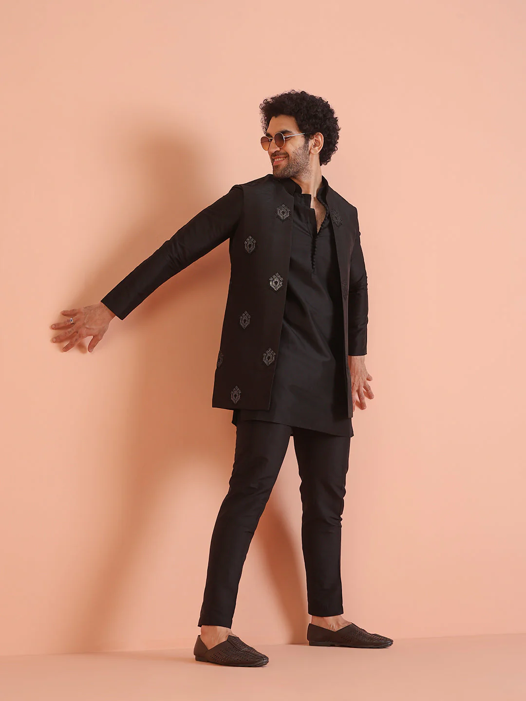 Black Silk Blend Embroidered Nehru Jacket Set - Image 10