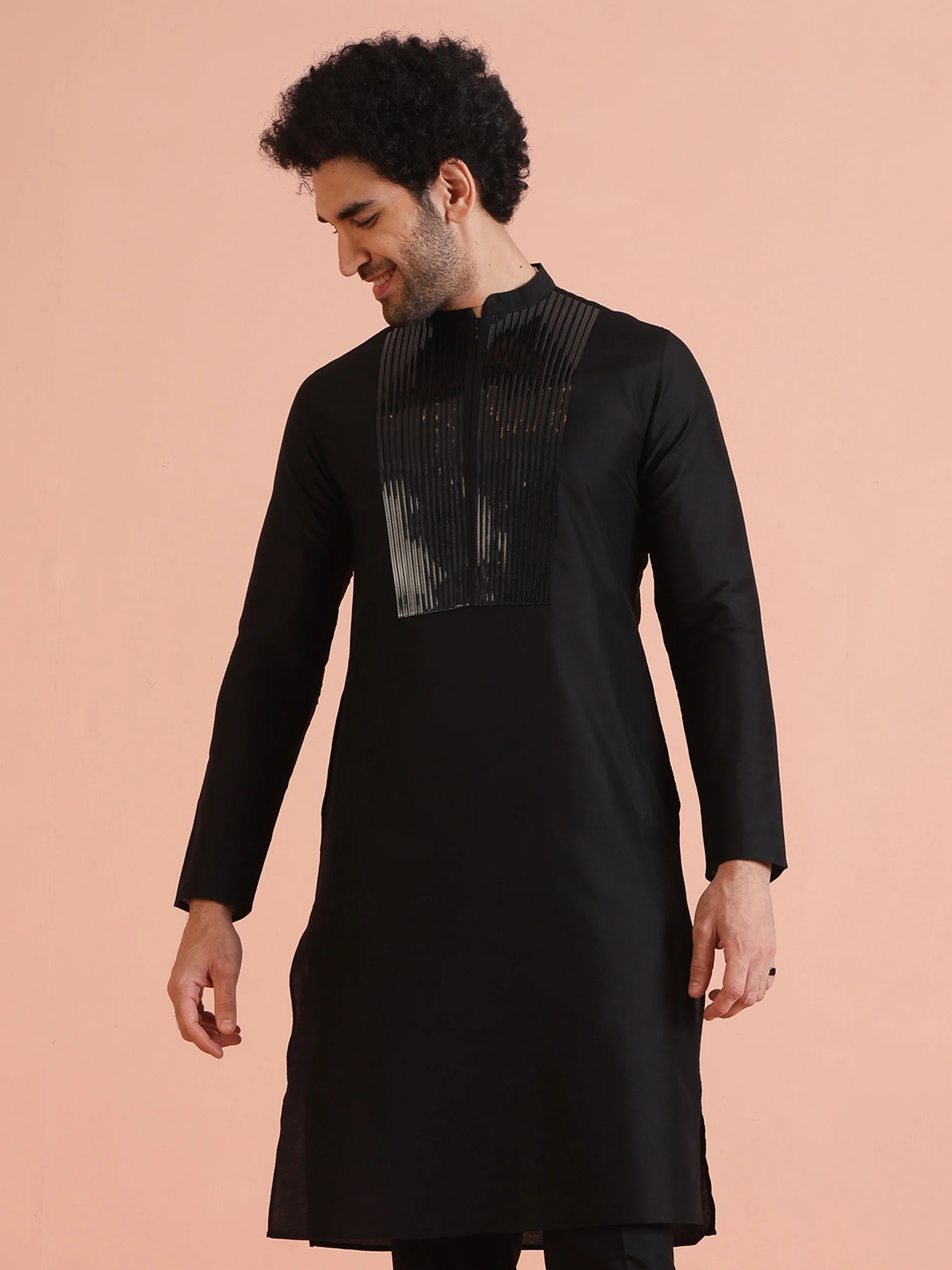 Men Black Tape Work Embellished Kurta