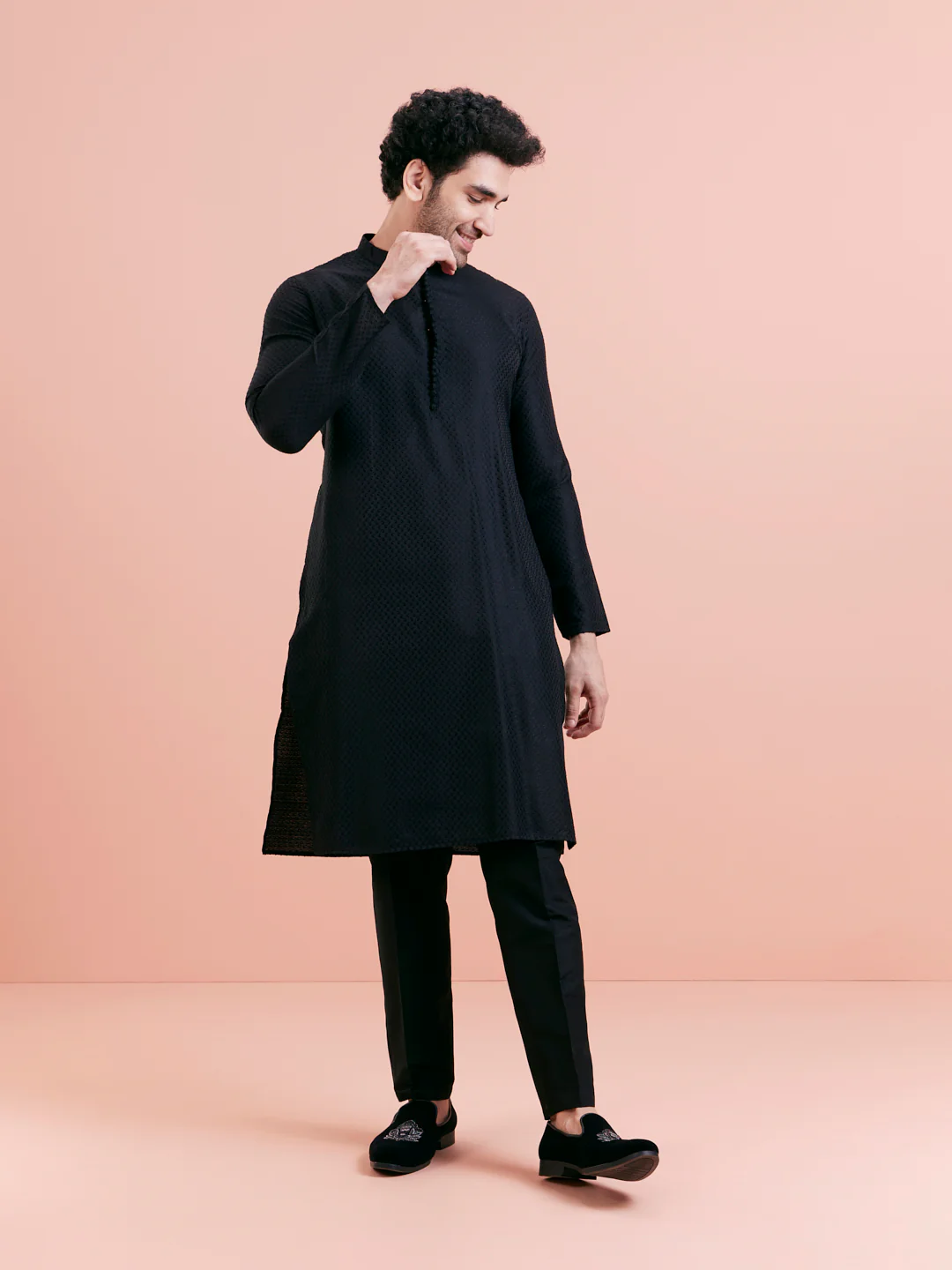 Black Cotton Self Textured Long Kurta - Image 7