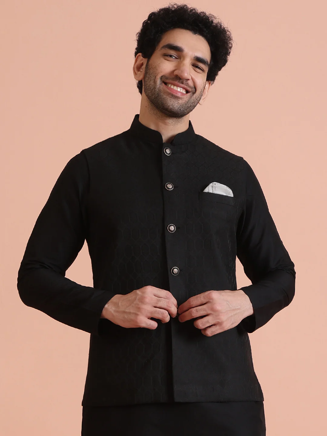 Black Silk Blend Textured Nehru Jacket
