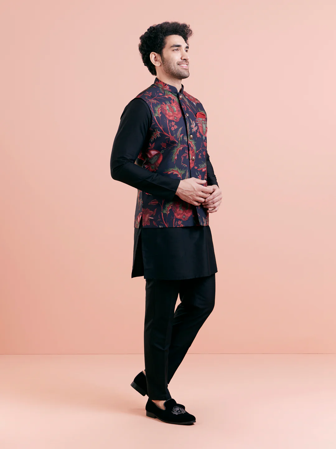 Black Silk Blend Floral Nehru Jacket - Image 3