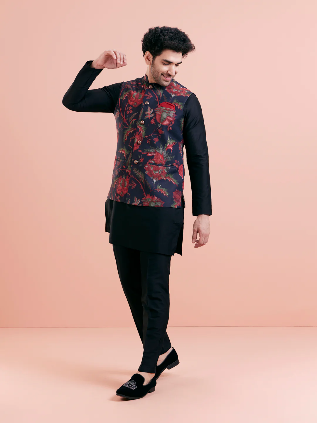 Black Silk Blend Floral Nehru Jacket - Image 4