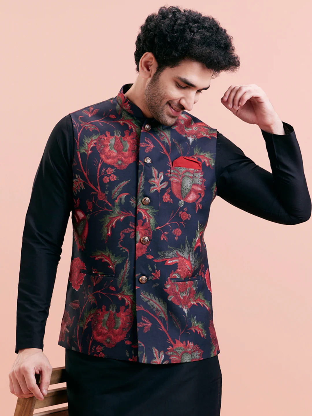 Black Silk Blend Floral Nehru Jacket - Image 6
