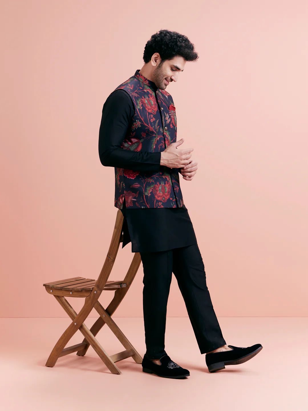 Black Silk Blend Floral Nehru Jacket - Image 7