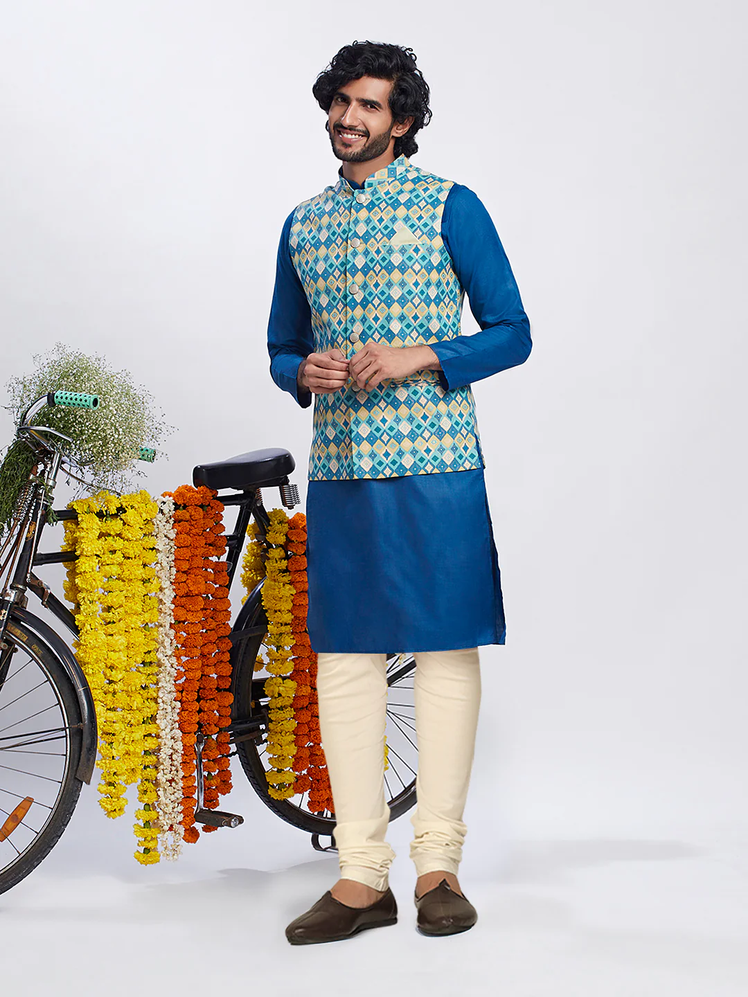Men's Blue Kurta Jacket Churidar Set