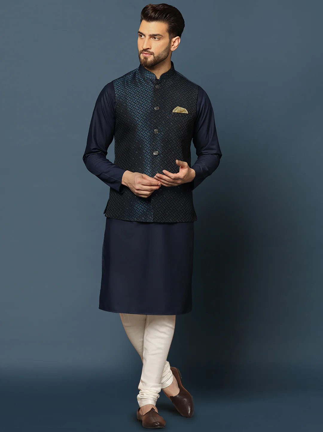 Navy Blue Embellished Nehru Jacket Kurta Set