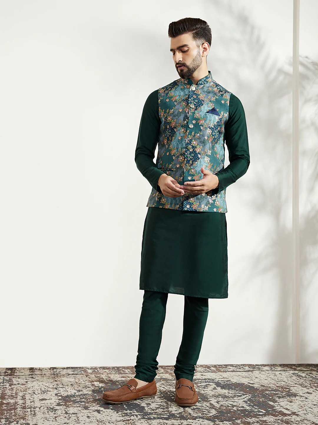 Dark Green Silk Blend Floral Nehru Jacket Kurta Set