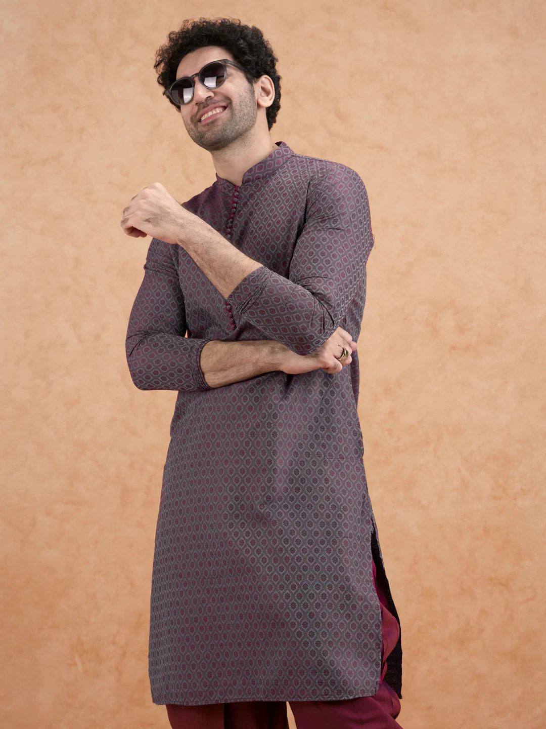 Maroon Silk Blend Geometric Long Kurta