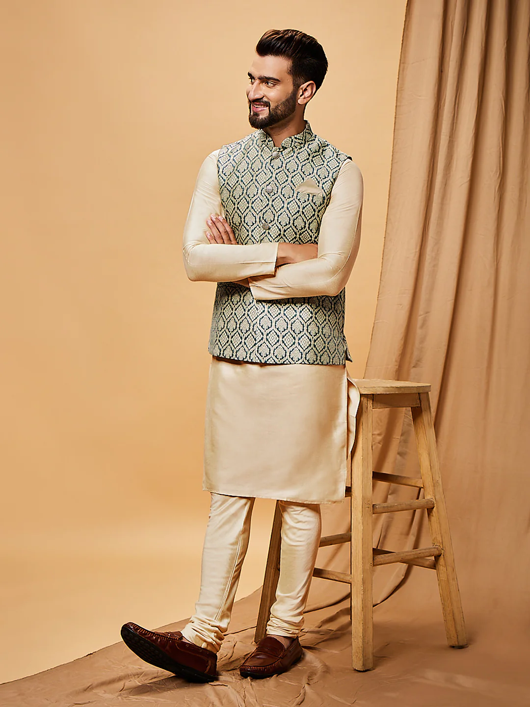 Blue Beige Cotton Silk Textured Nehru Jacket - Image 6