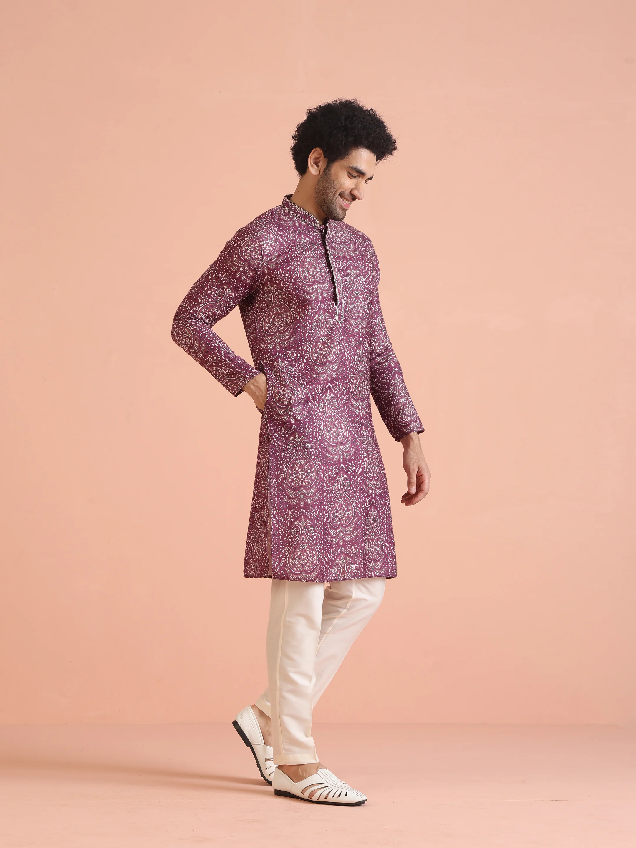 Magenta Art Silk Paisley Printed Kurta - Image 6