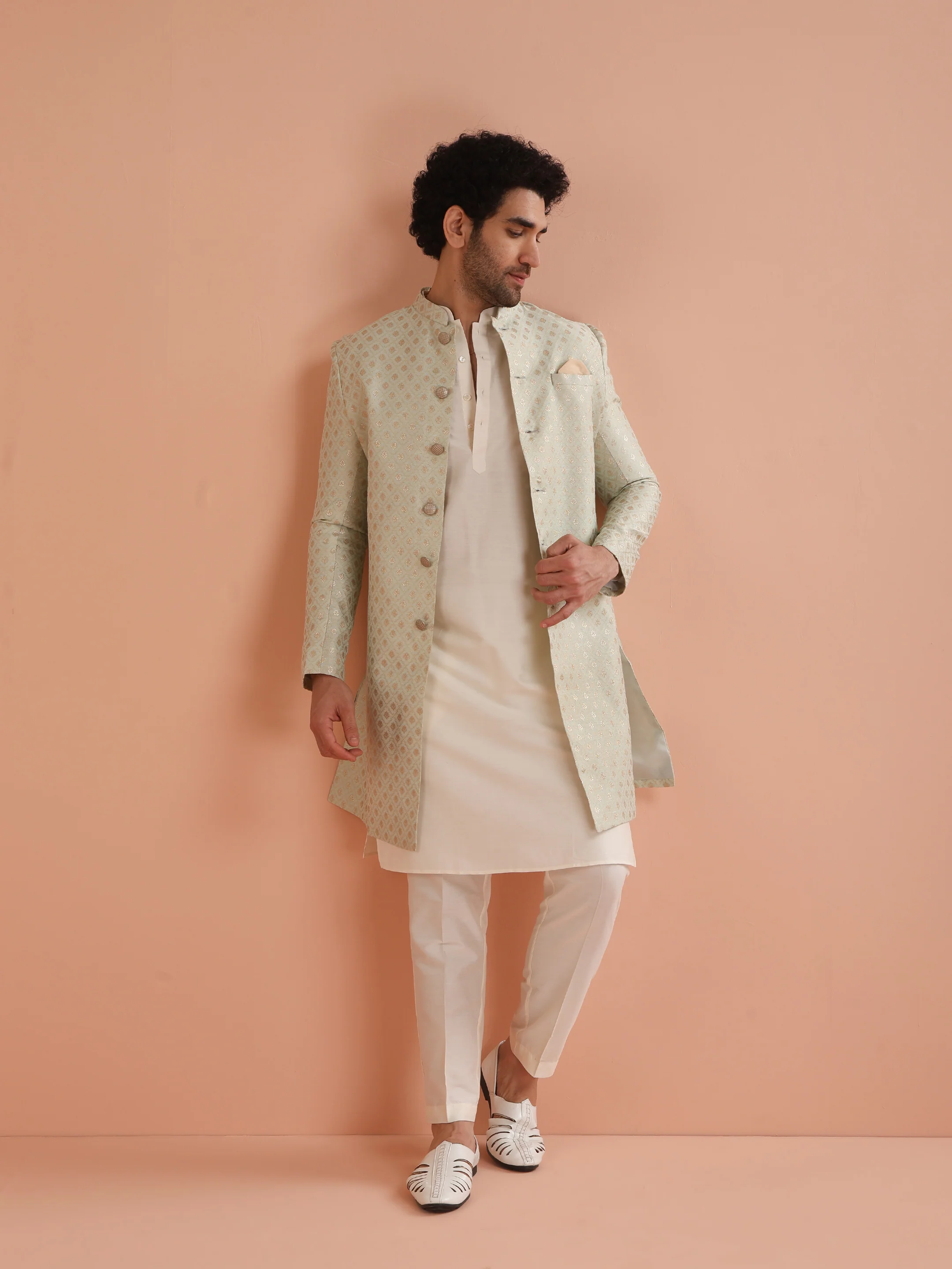 Men's Mint Green Kurta Indowestern Trouser Set