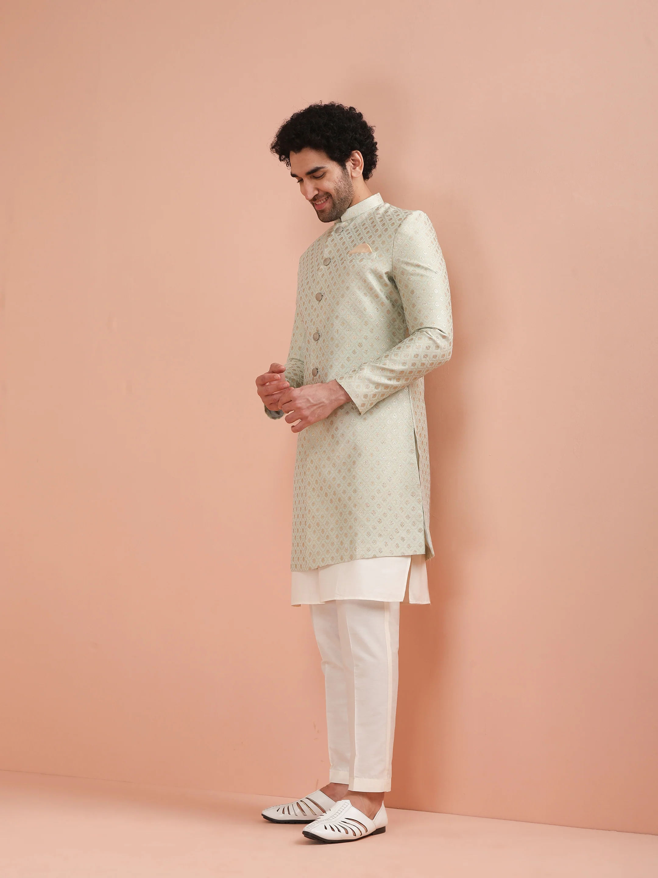 Men's Mint Green Kurta Indowestern Trouser Set - Image 2