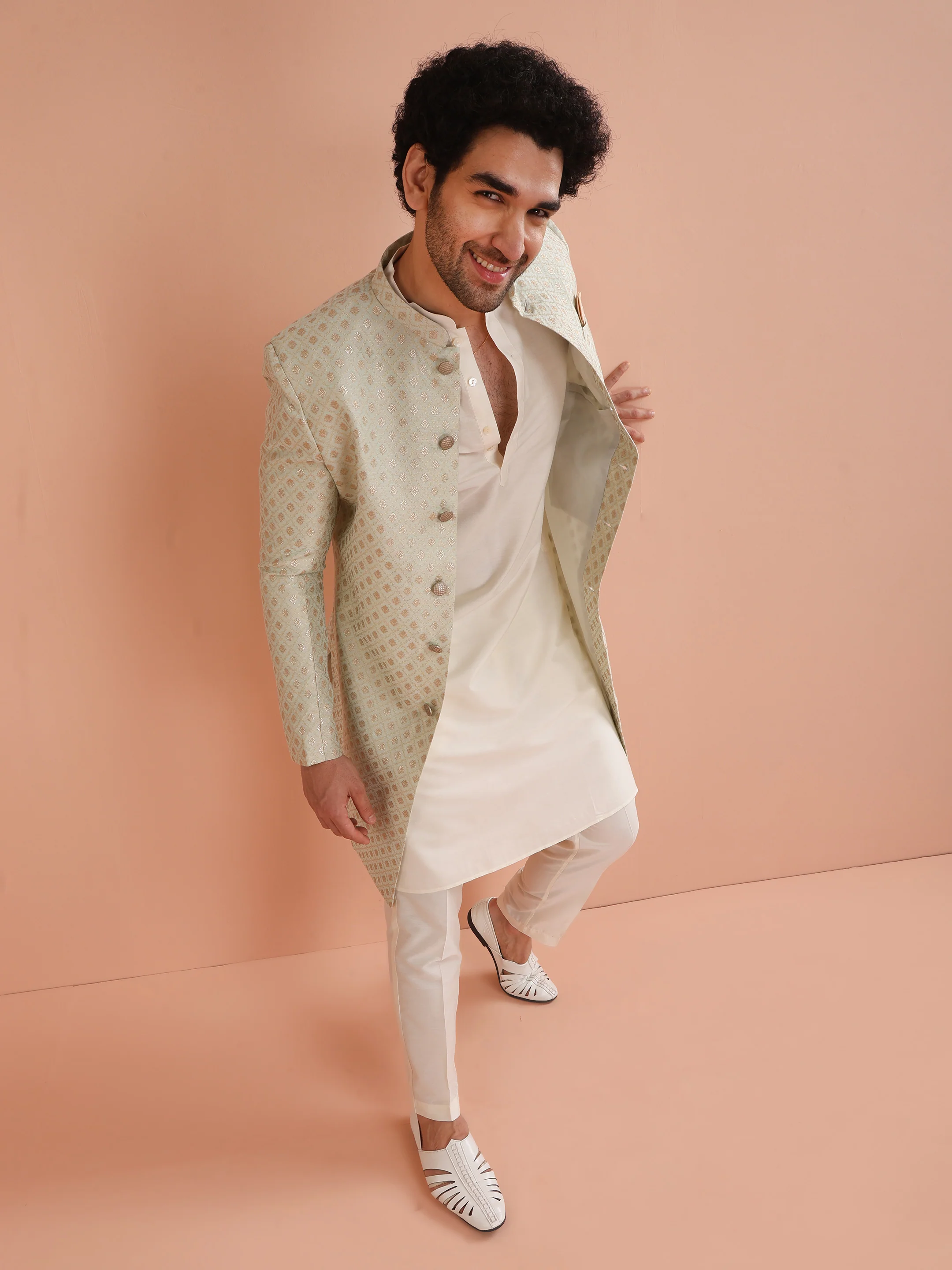 Men's Mint Green Kurta Indowestern Trouser Set - Image 3