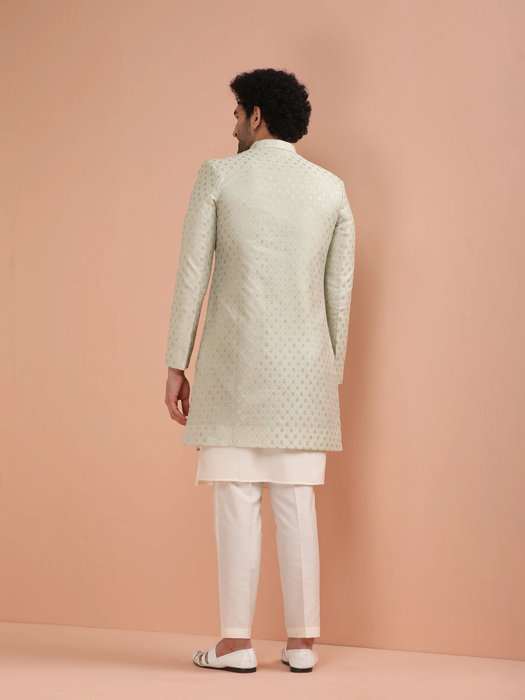 Men's Mint Green Kurta Indowestern Trouser Set - Image 4