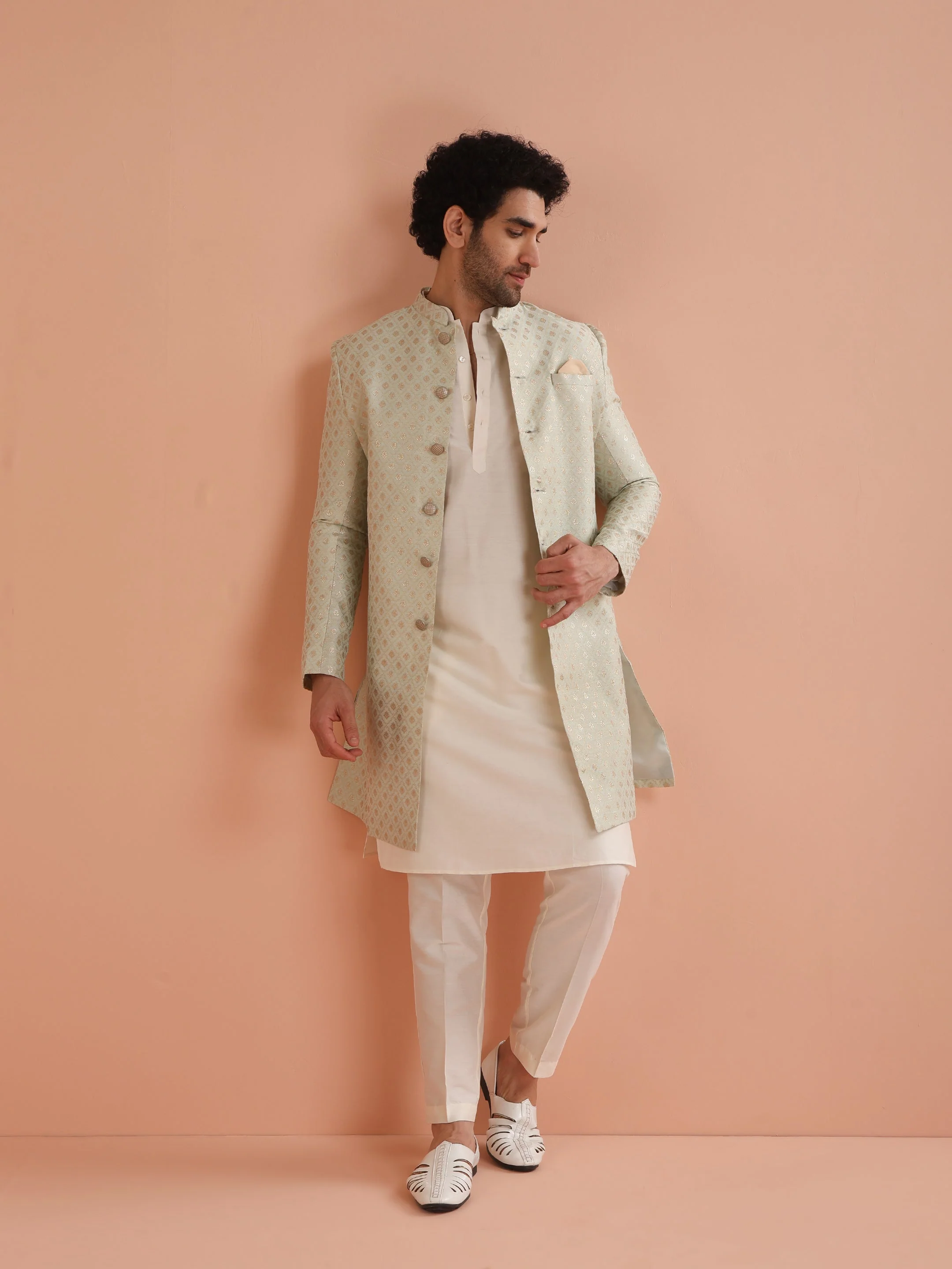 Men's Mint Green Kurta Indowestern Trouser Set - Image 9