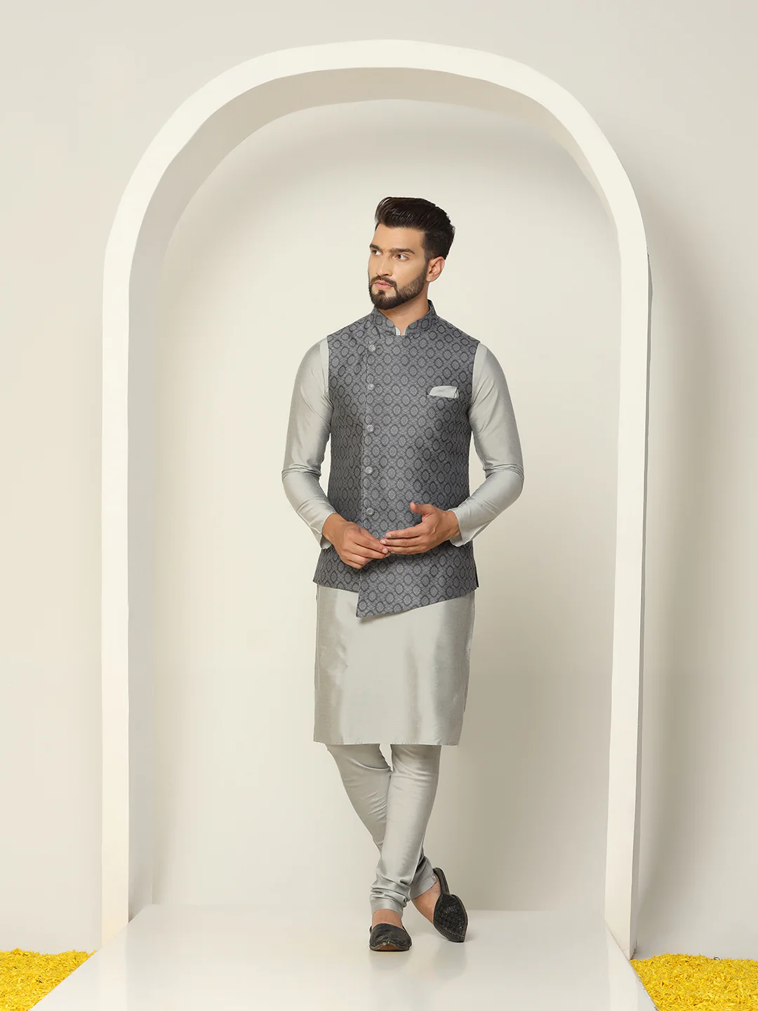 Men Grey Asymmetrical Textured Kurta Jacket Churidar