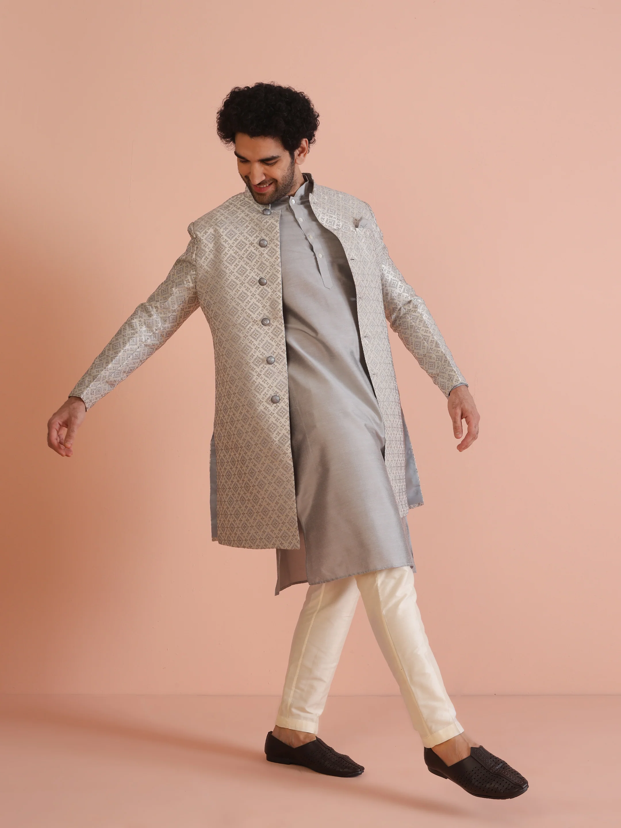 Grey Silk Blend Woven Sherwani Kurta Trouser Set