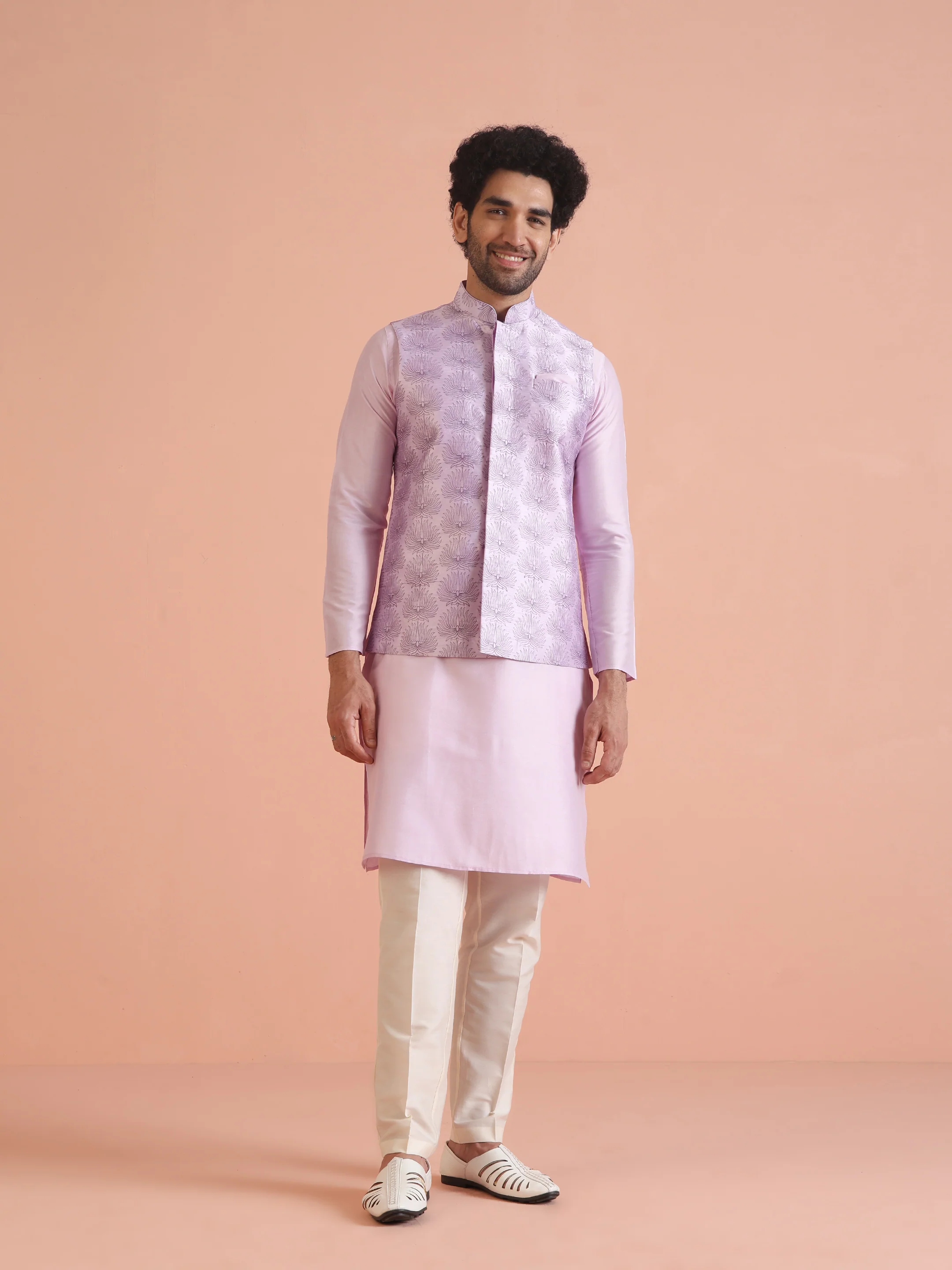 Lilac Silk Blend Embroidered Jacket Kurta Trouser Set