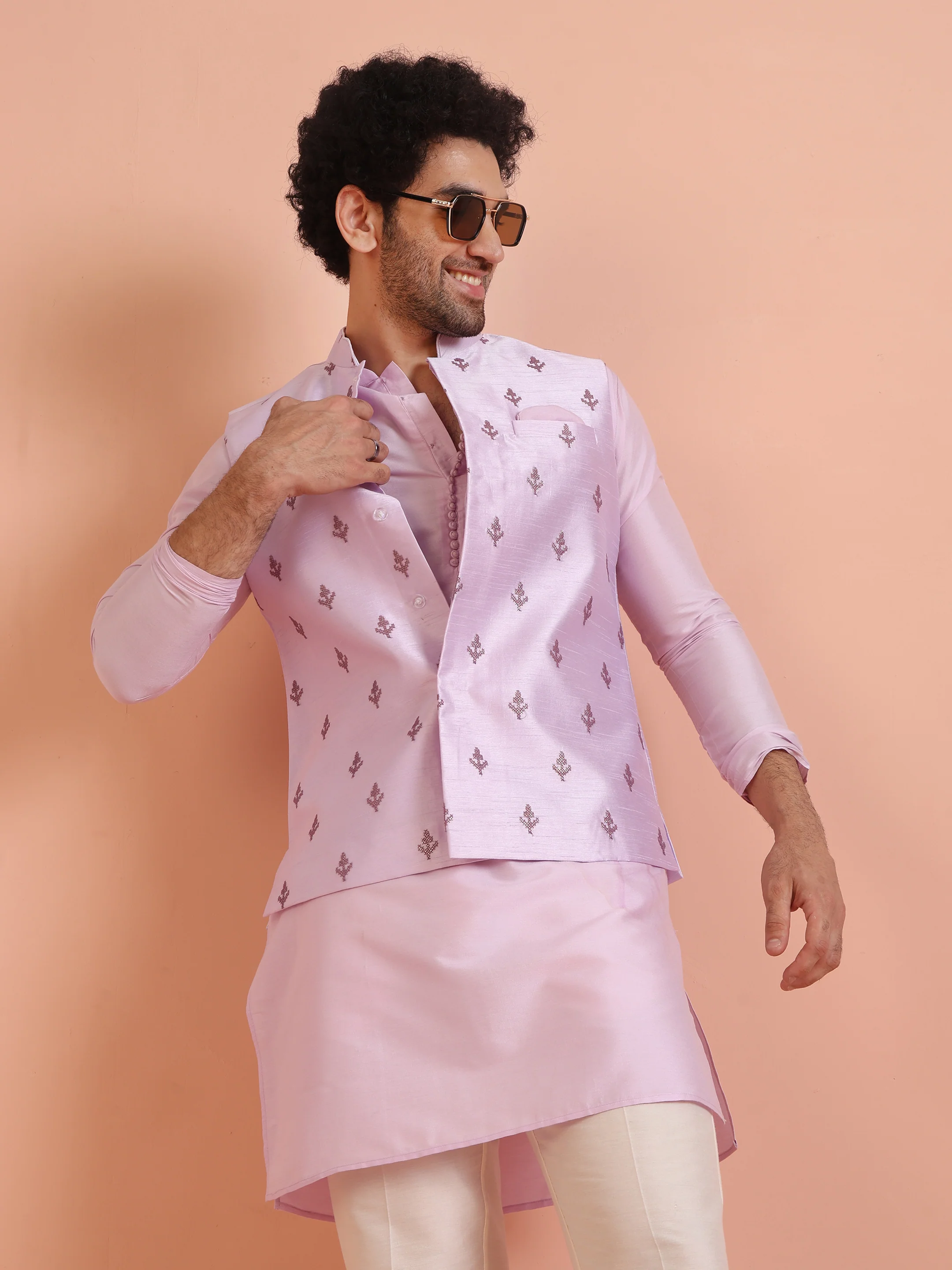 Lilac Thread Embroidered Nehru Jacket