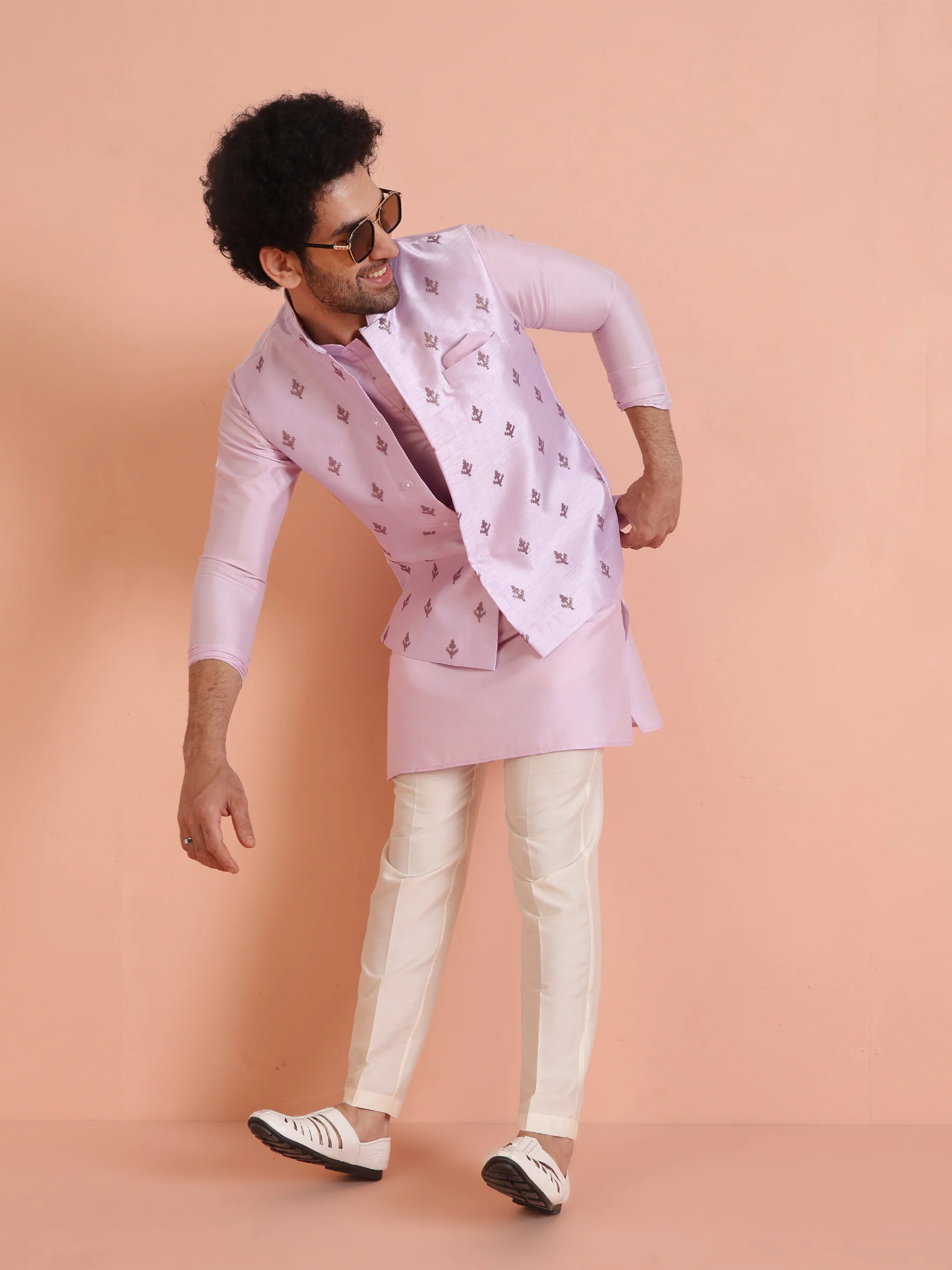 Lilac Thread Embroidered Nehru Jacket - Image 8