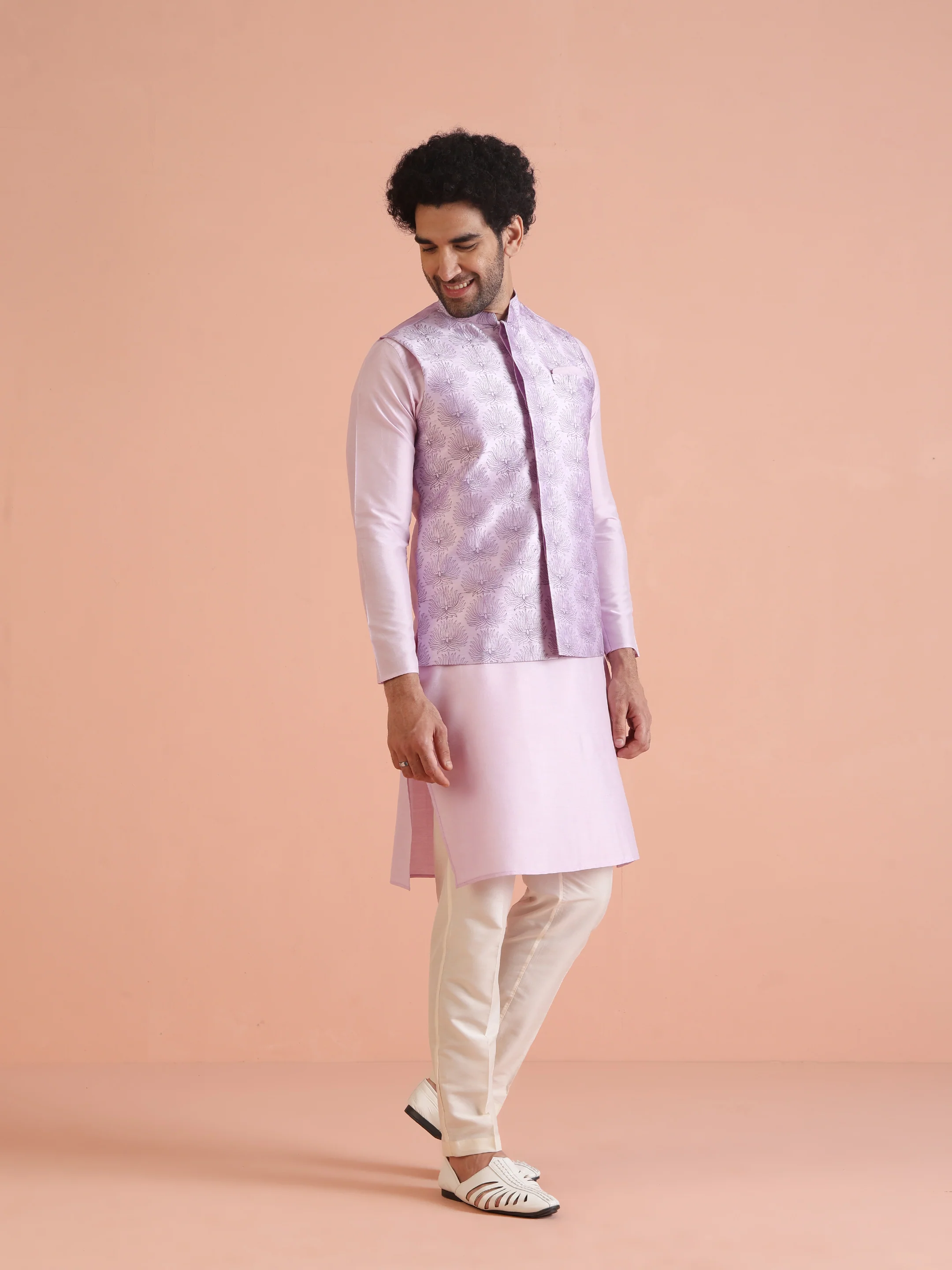 Lilac Floral Pattern Silk Blend Nehru Jacket - Image 4