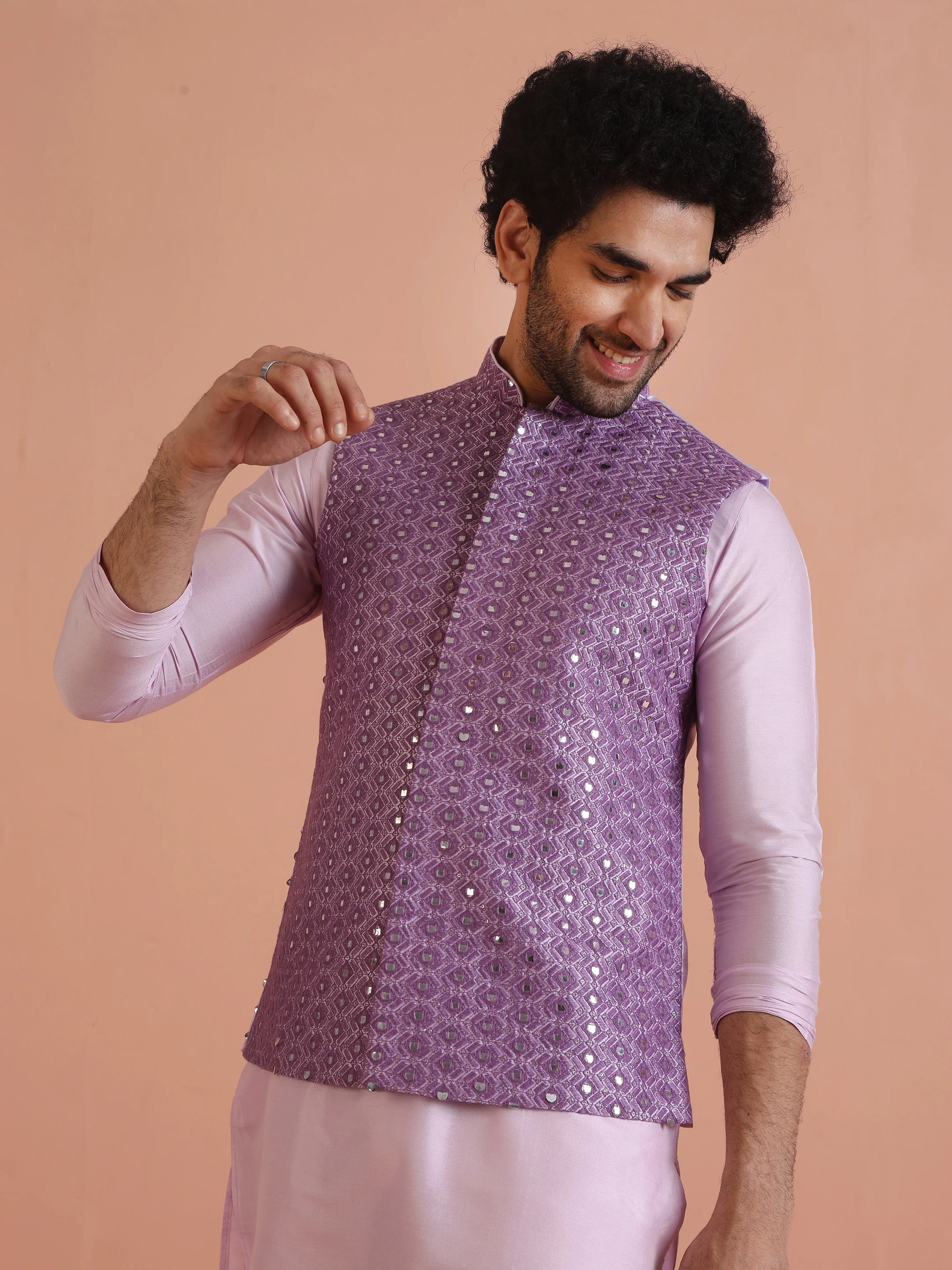 Lavender Mirror Work Nehru Jacket