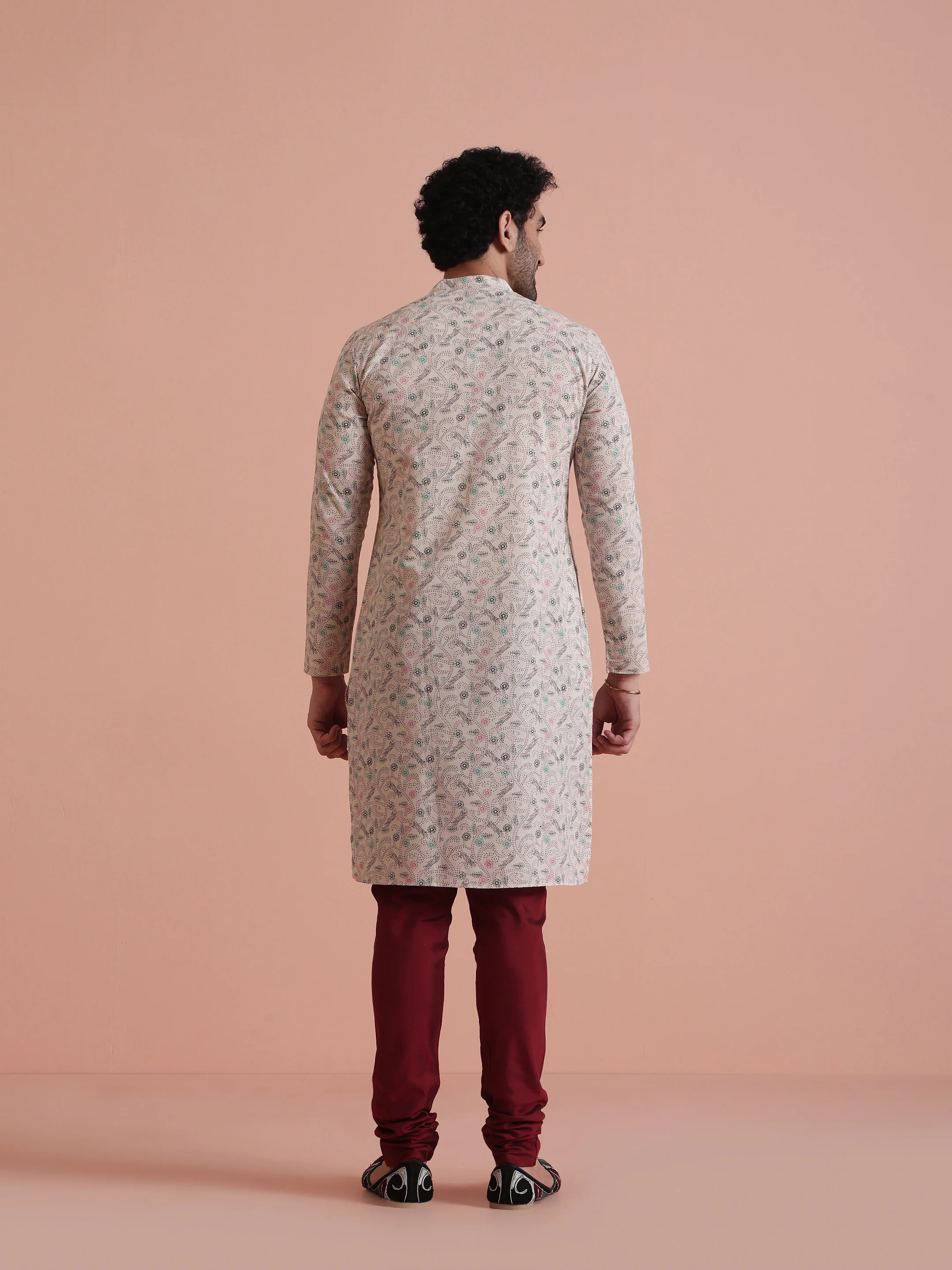 Men Off White Floral Printed Kurta Churidar Set â€“ Classic Festive Wear - Image 4