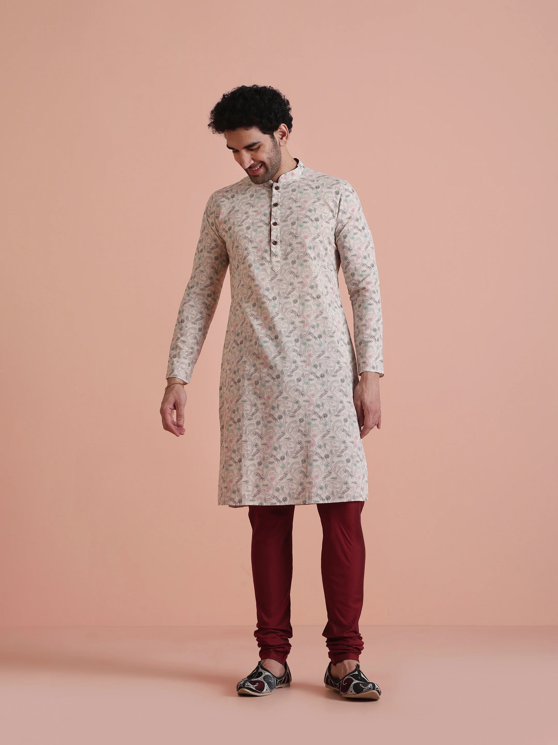 Men Off White Floral Printed Kurta Churidar Set â€“ Classic Festive Wear - Image 7