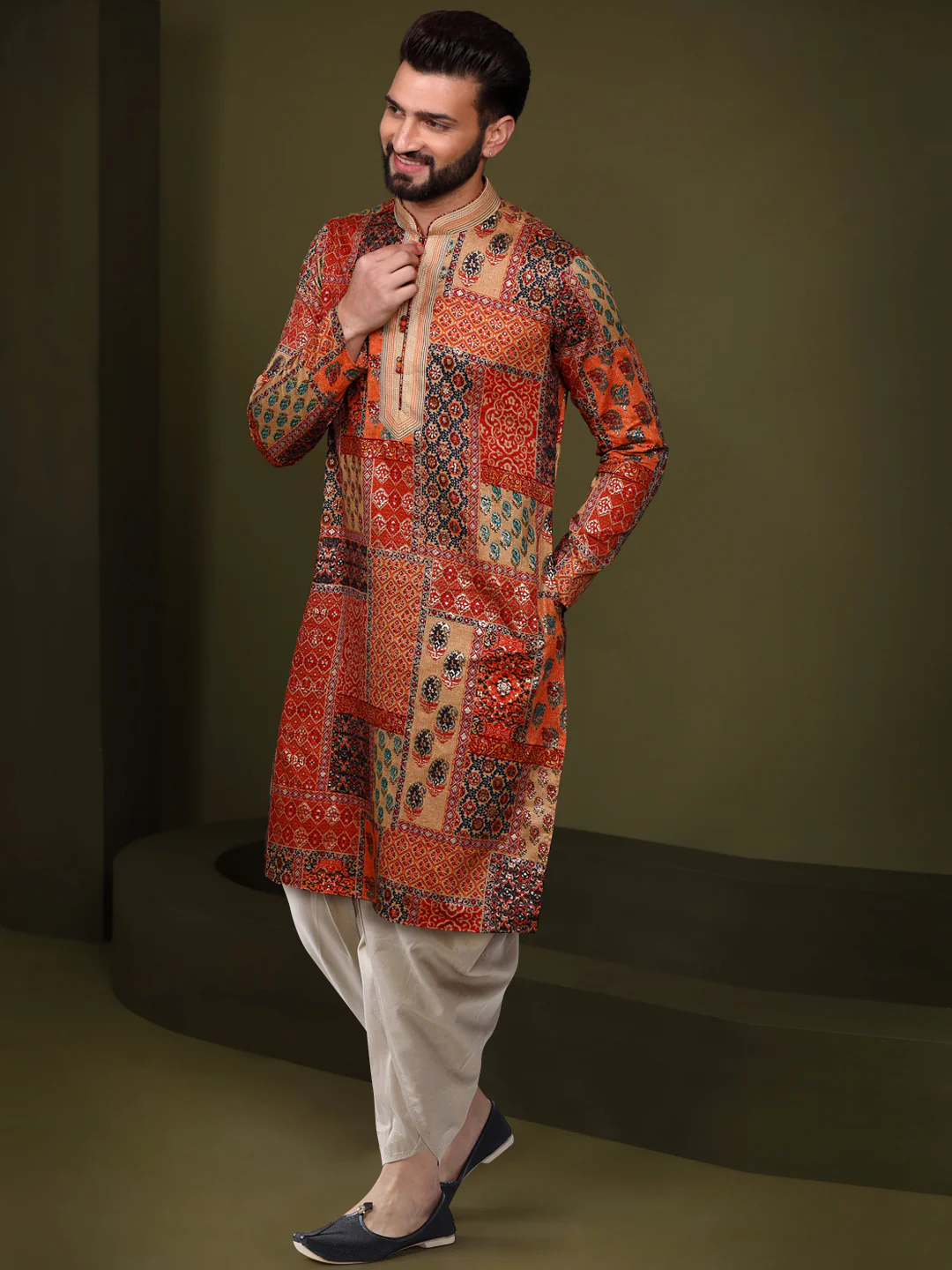 Multi Color Silk Blend Printed Kurta Dhoti