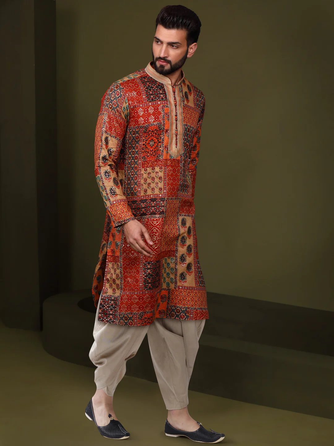 Multi Color Silk Blend Printed Kurta Dhoti - Image 2