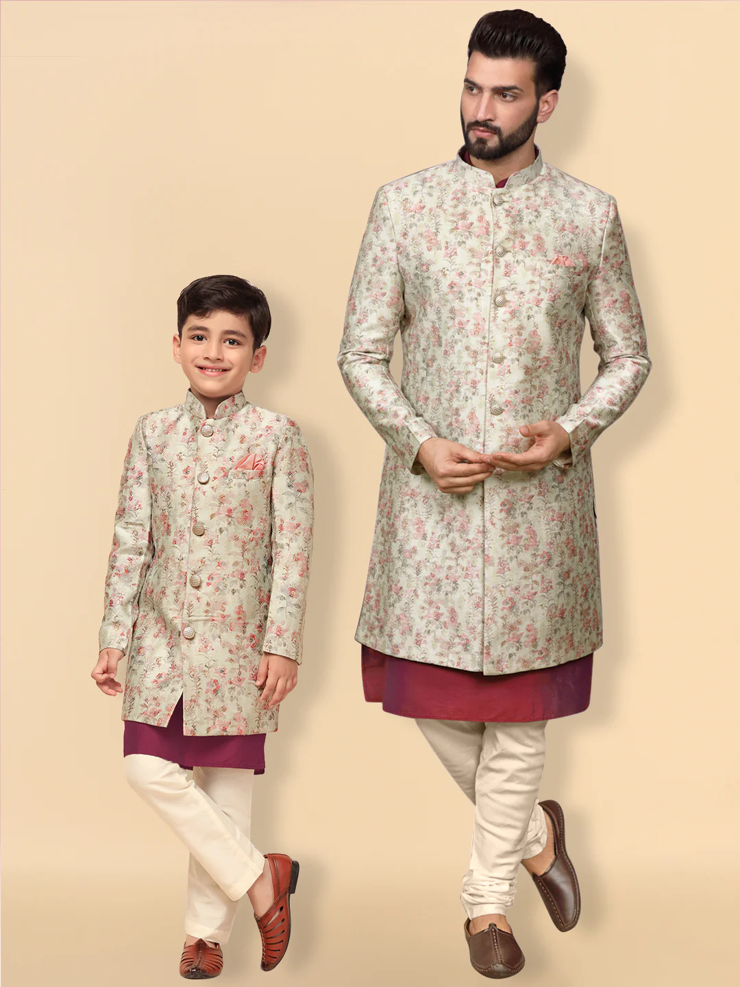 Ivory Silk Blend Indo-Western Sherwani Jacket with Floral Jacquard Design – Wedding & Reception Outfit