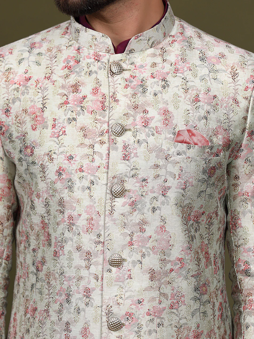 Ivory Silk Blend Indo-Western Sherwani Jacket with Floral Jacquard Design – Wedding & Reception Outfit - Image 6