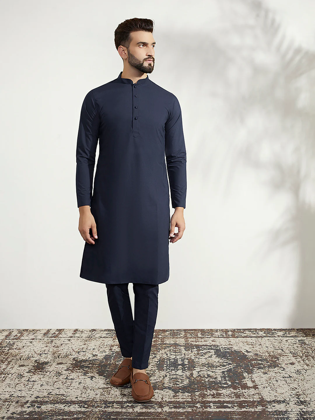 Navy Blue Silk Blend Indo-Western Sherwani Set with Jacquard Jacket, Kurta and Trousers – Regal Festive Ensemble - Image 5
