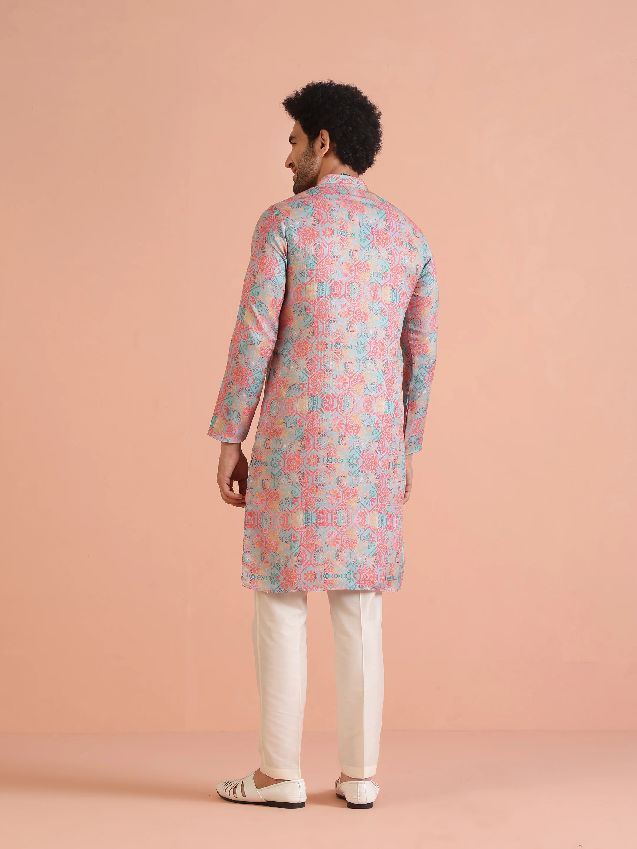 Multi Color Silk Blend Printed Kurta White Trouser - Image 4