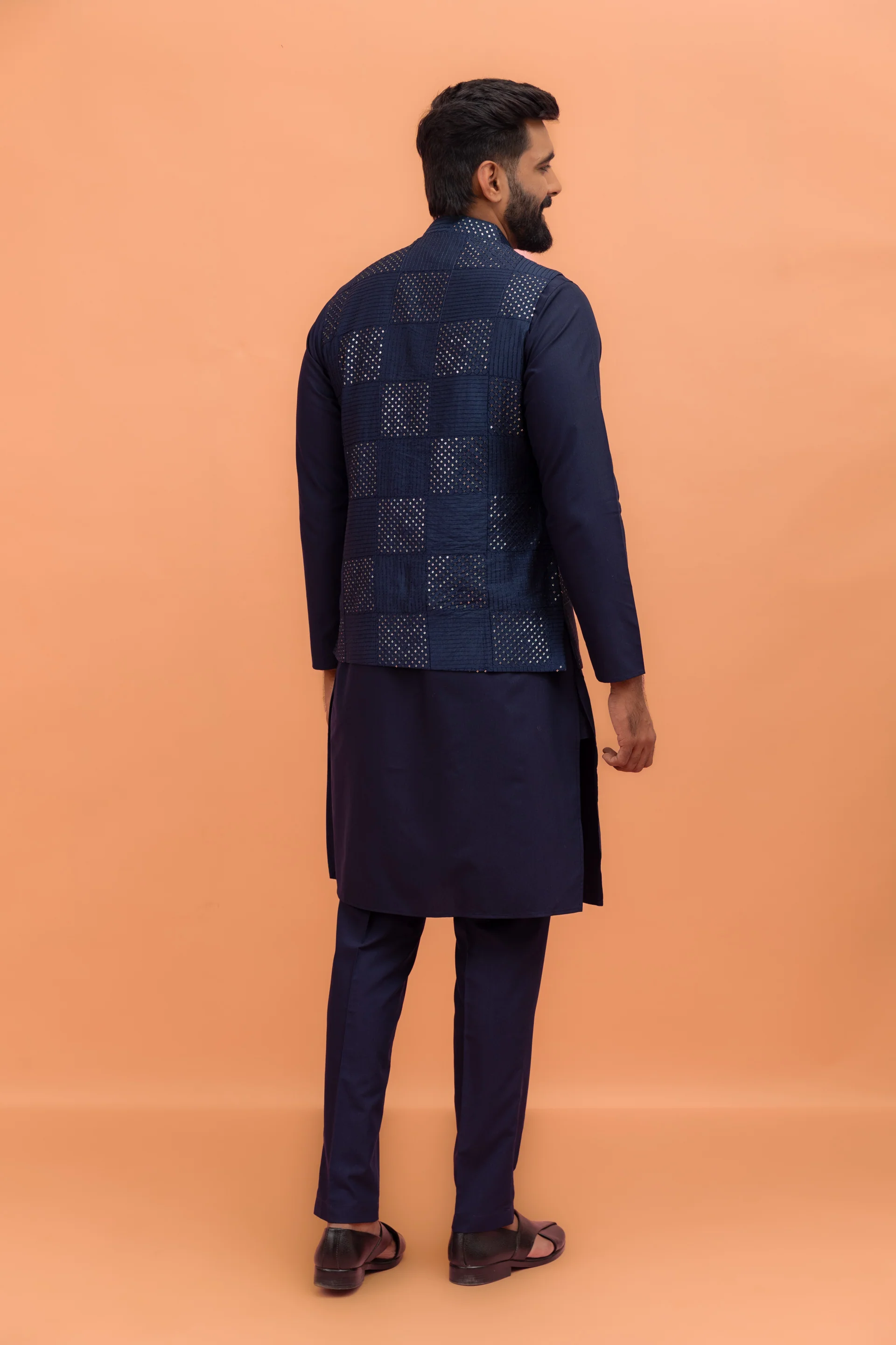 Navy Blue Silk Blend Mirror Work Nehru Jacket Kurta Set - Image 4