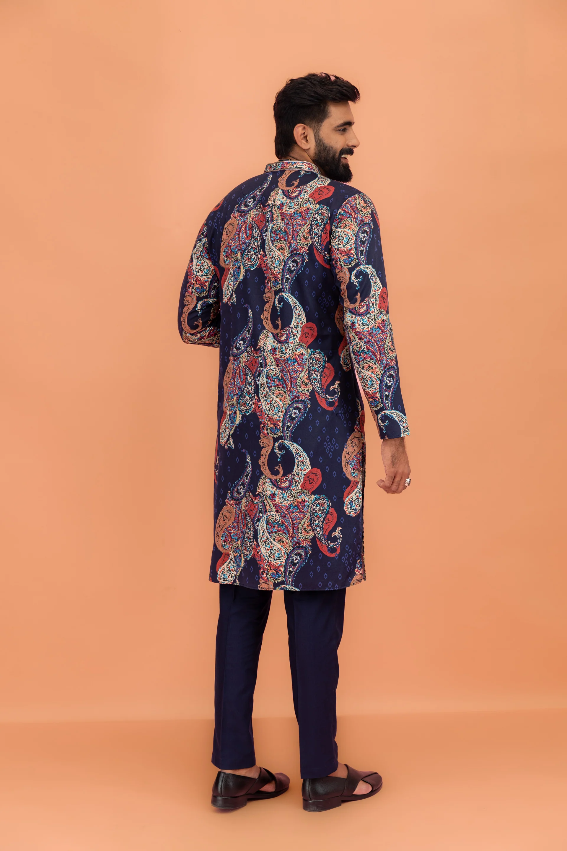 Men Navy Blue Multi-Color Paisley Printed Kurta Trouser Set - Image 4
