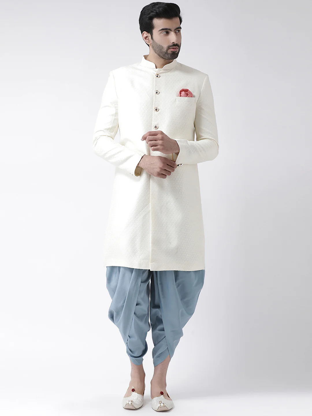 Cream Textured Sherwani with Blue Dhoti