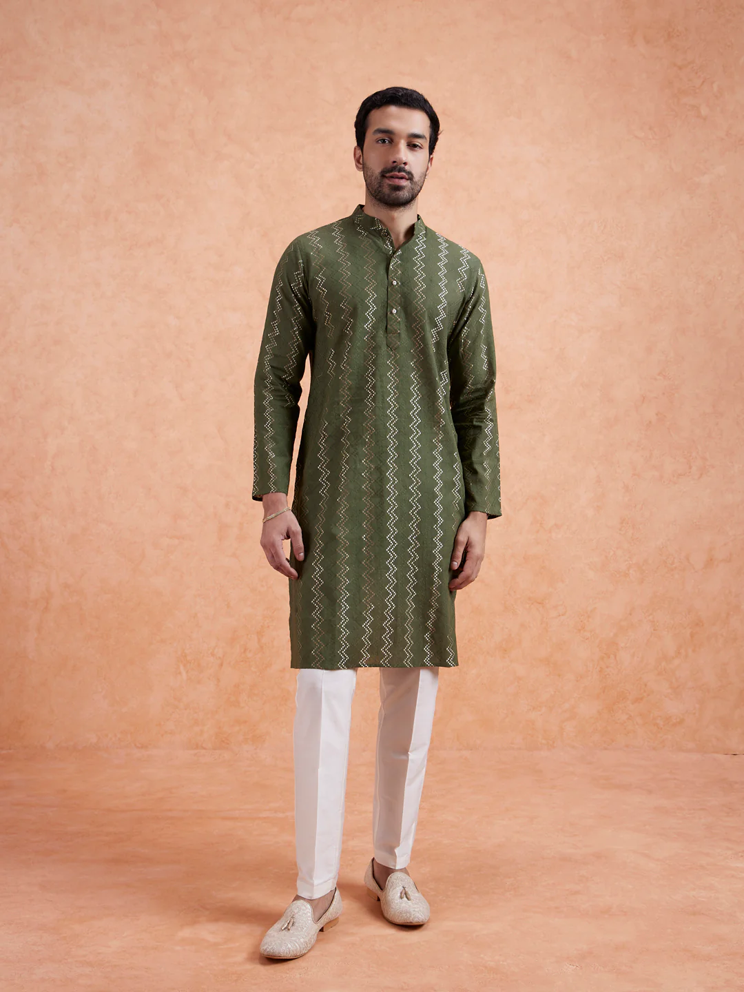 Green Cotton Blend Textured Long Kurta - Image 4