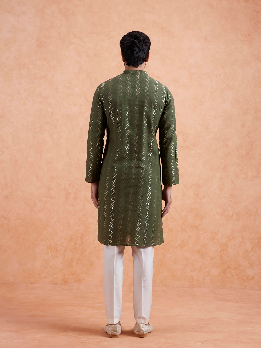 Green Cotton Blend Textured Long Kurta - Image 6