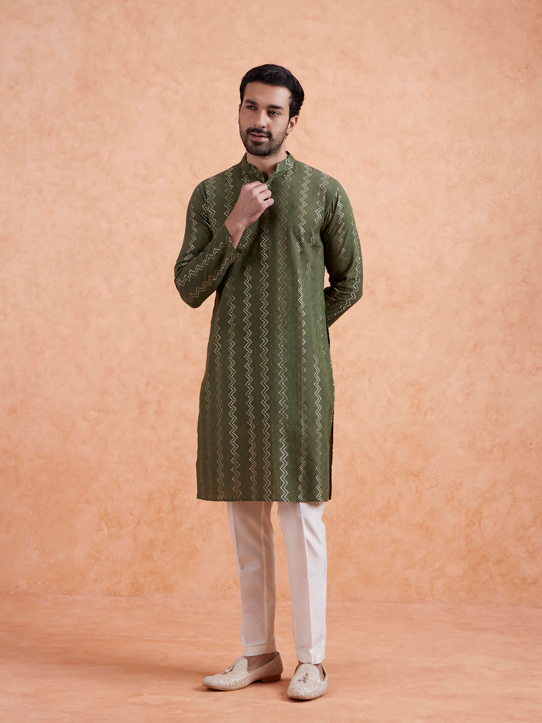 Green Cotton Blend Textured Long Kurta - Image 7