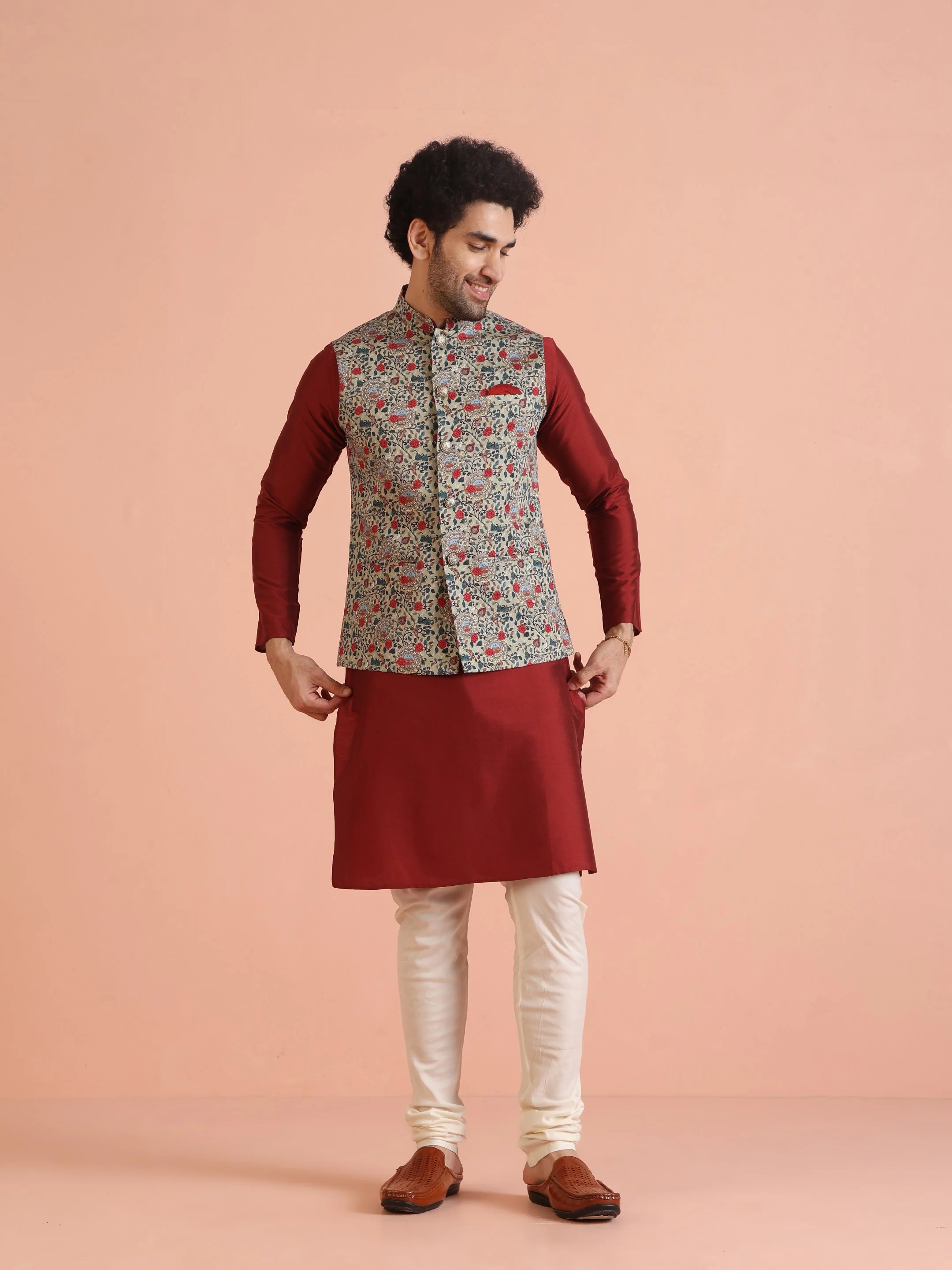 Men Olive Printed Nehru Jacket - Image 13