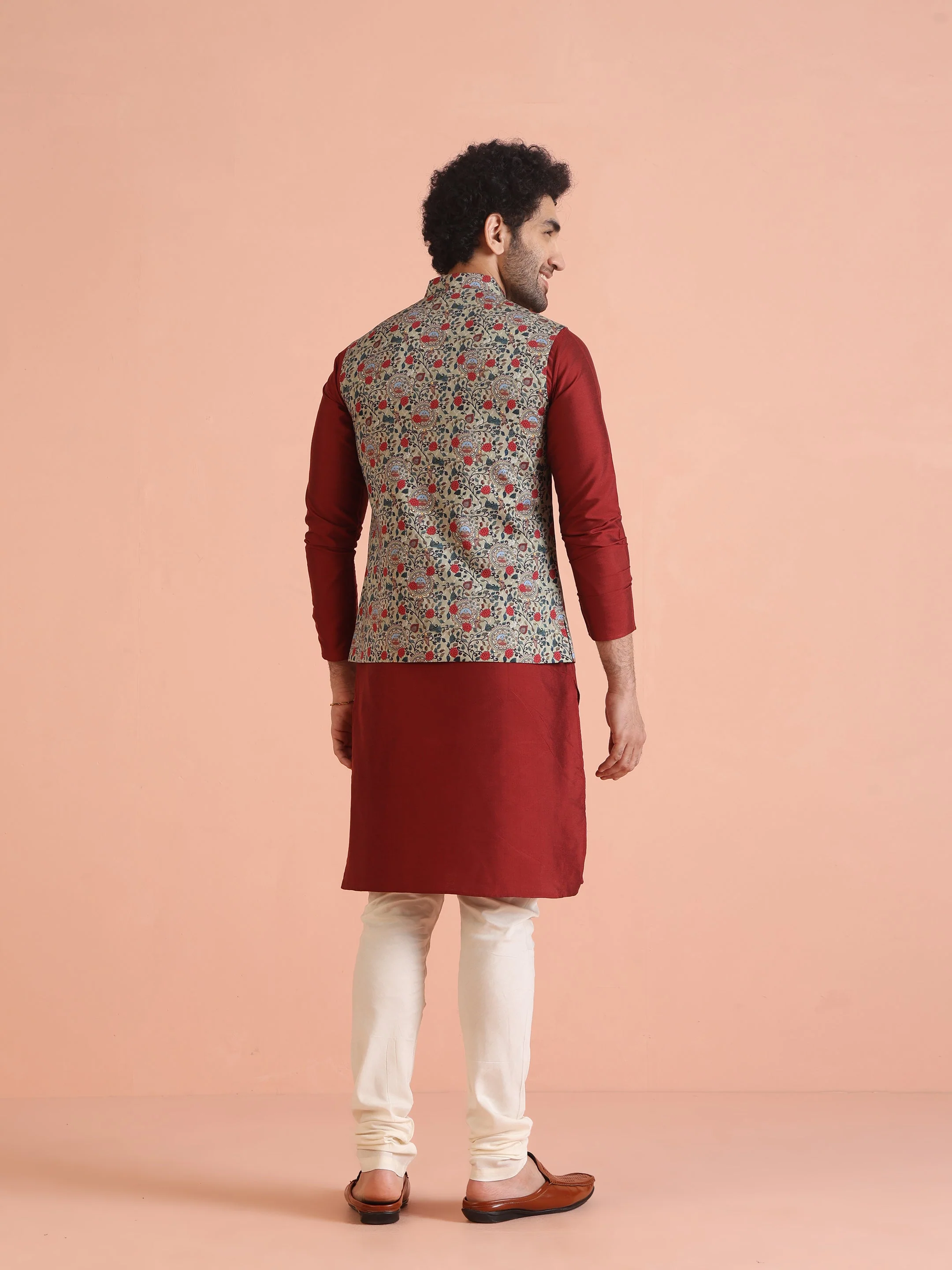 Men Olive Printed Nehru Jacket - Image 19