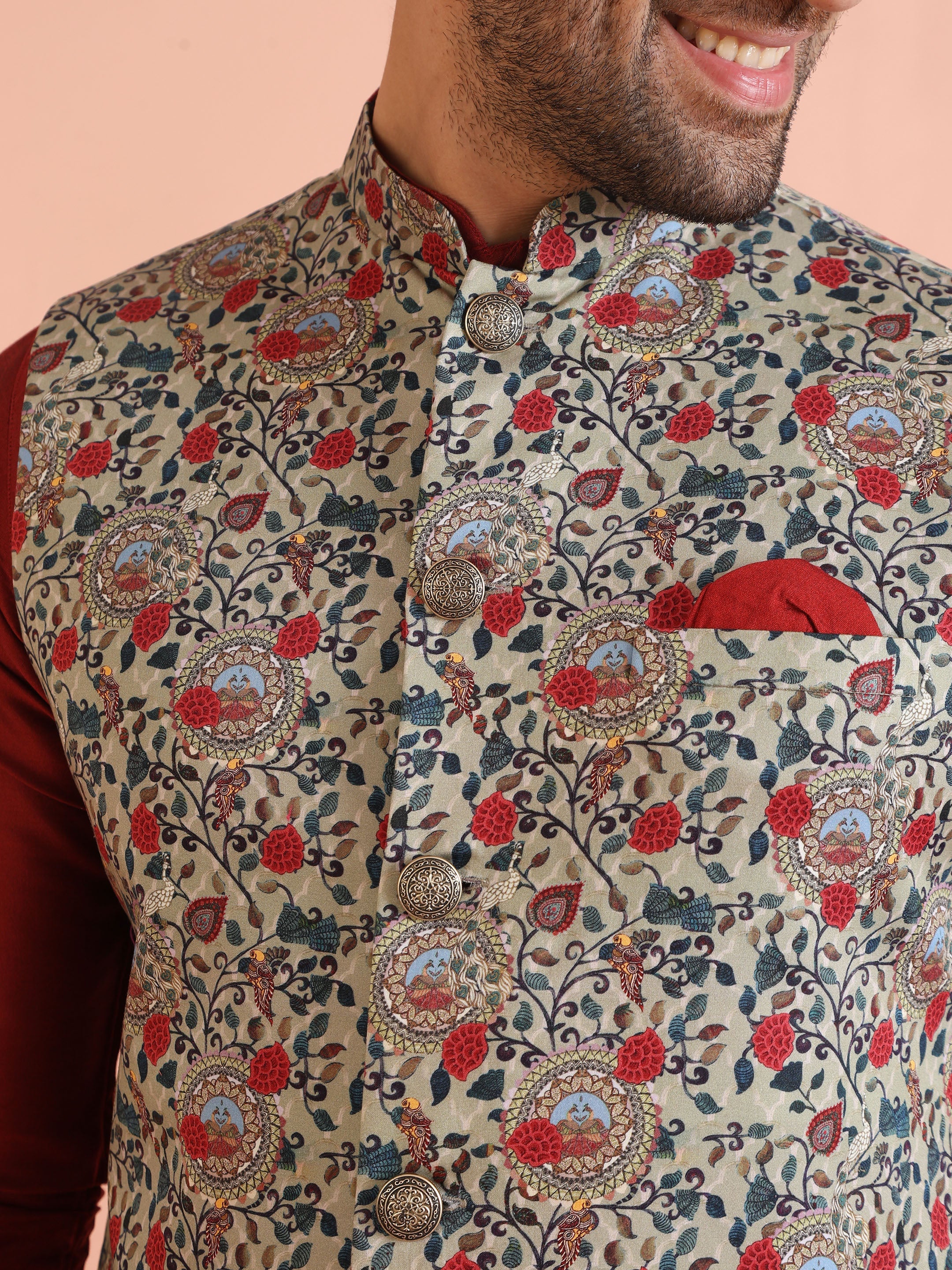 Men Olive Printed Nehru Jacket - Image 21