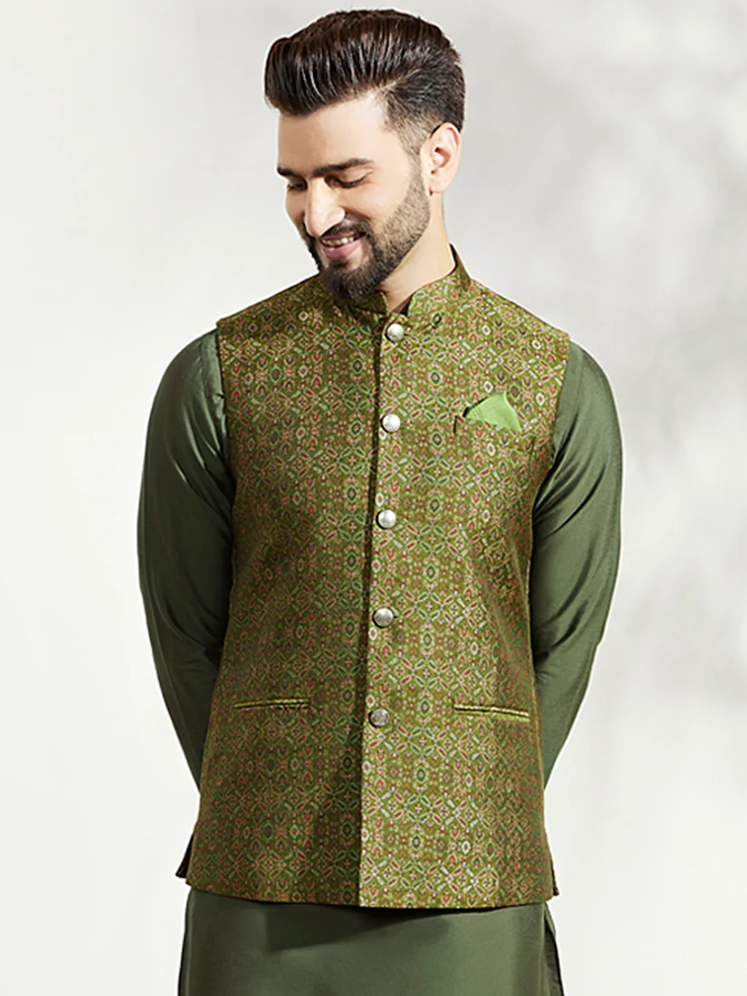 Green Silk Embroidered Nehru Jacket Bundi